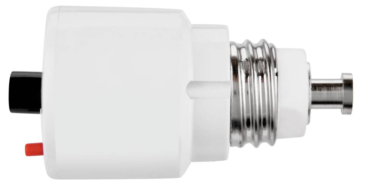 Ein weißer Steckeradapter mit Metallgewindeschrauben und einer kleinen schwarzen und roten Taste an der Seite, typischerweise für elektrische Anschlüsse.