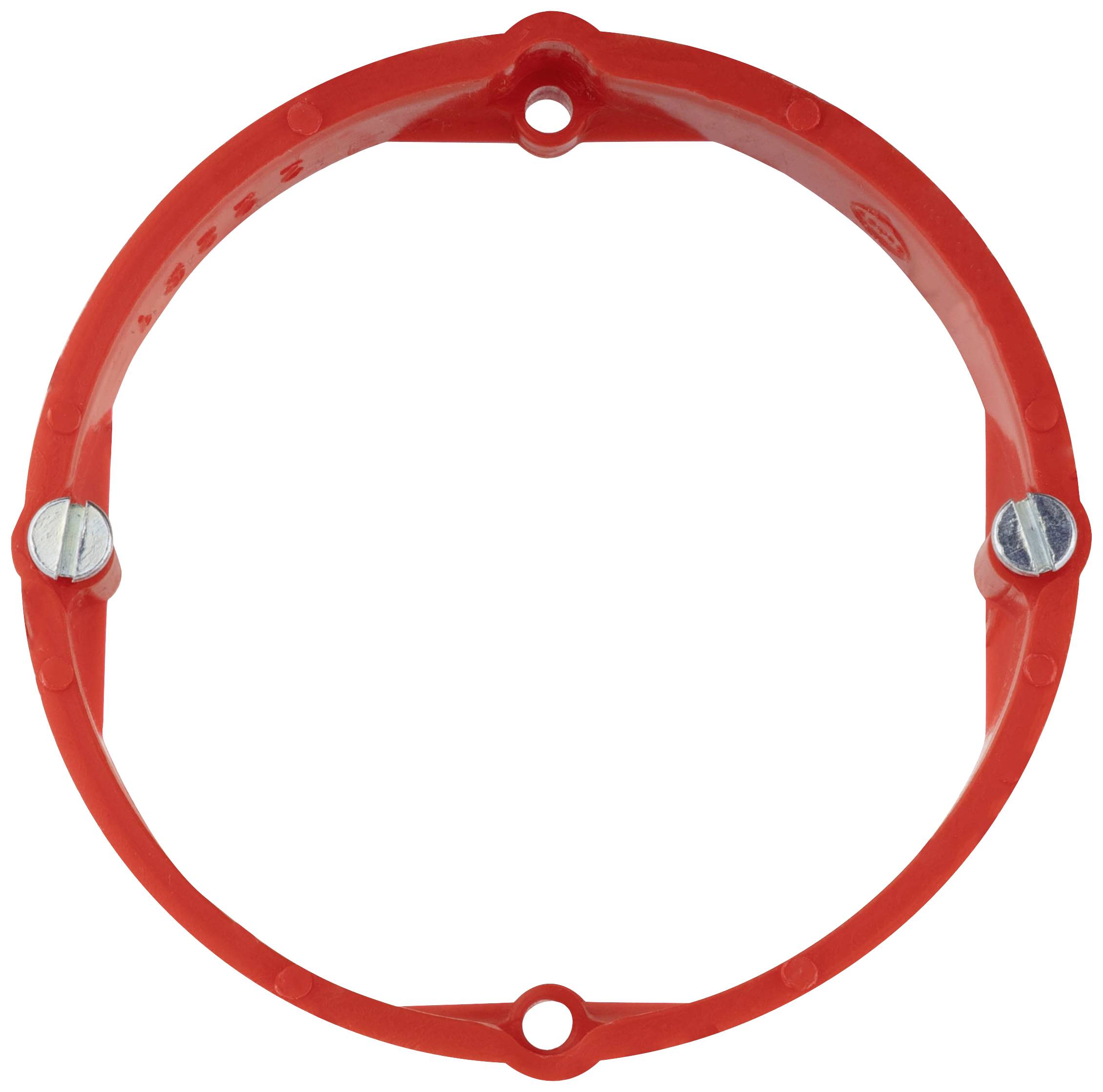 Ein roter, runder Plastikrahmen mit drei Löchern und zwei Metalldrehscheiben dient als Befestigungselement.