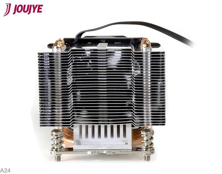 Wärmeableiter eines Kühlkörpers mit mehreren Metalllamellen und Kupferheatpipes, Markenlogo 'JOUJYE' oben links.