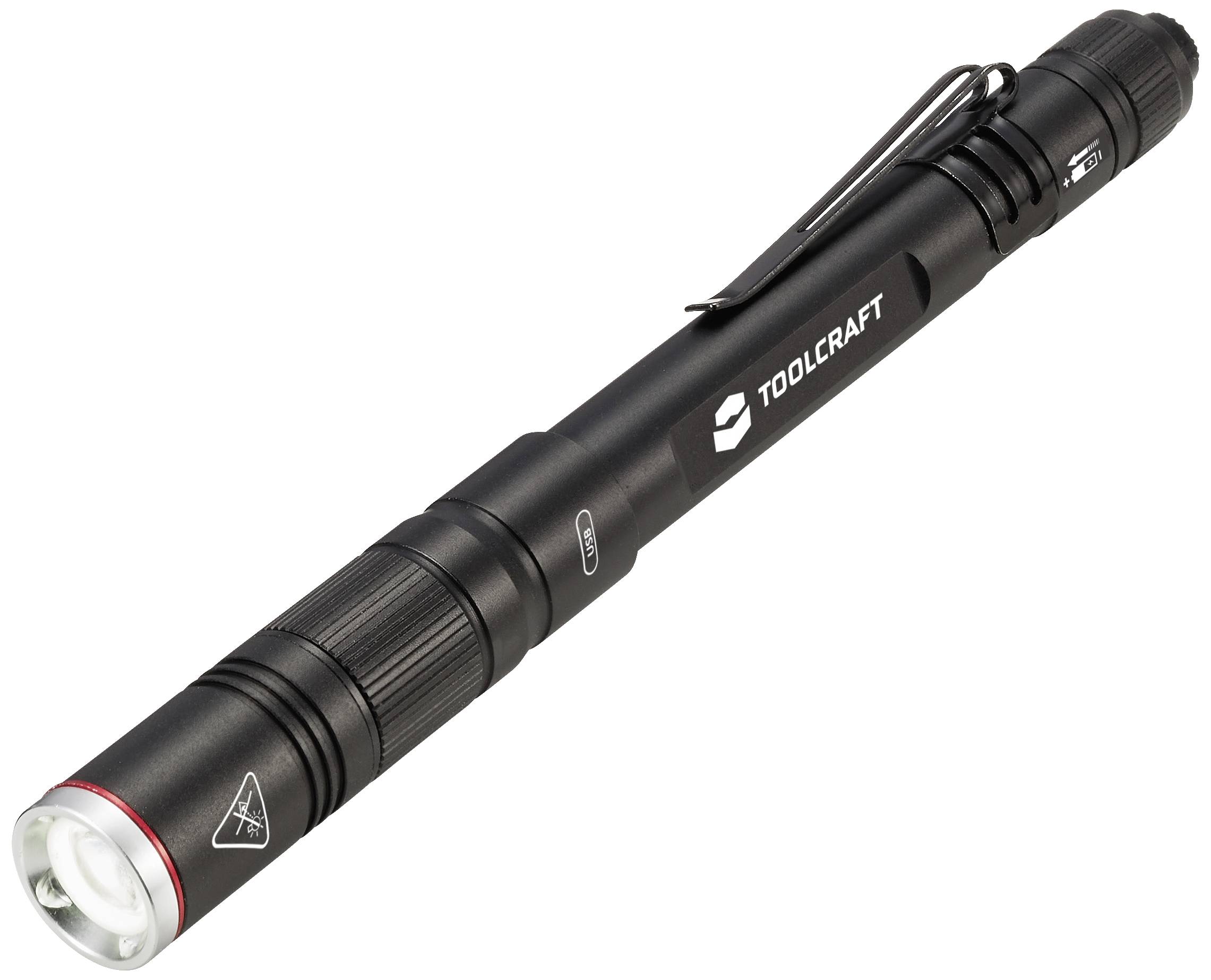 Schwarze Stift-Taschenlampe mit Clip, Marke 'TOOLCRAFT'. Ideal für präzise Beleuchtung in engen oder schwer zugänglichen Bereichen.
