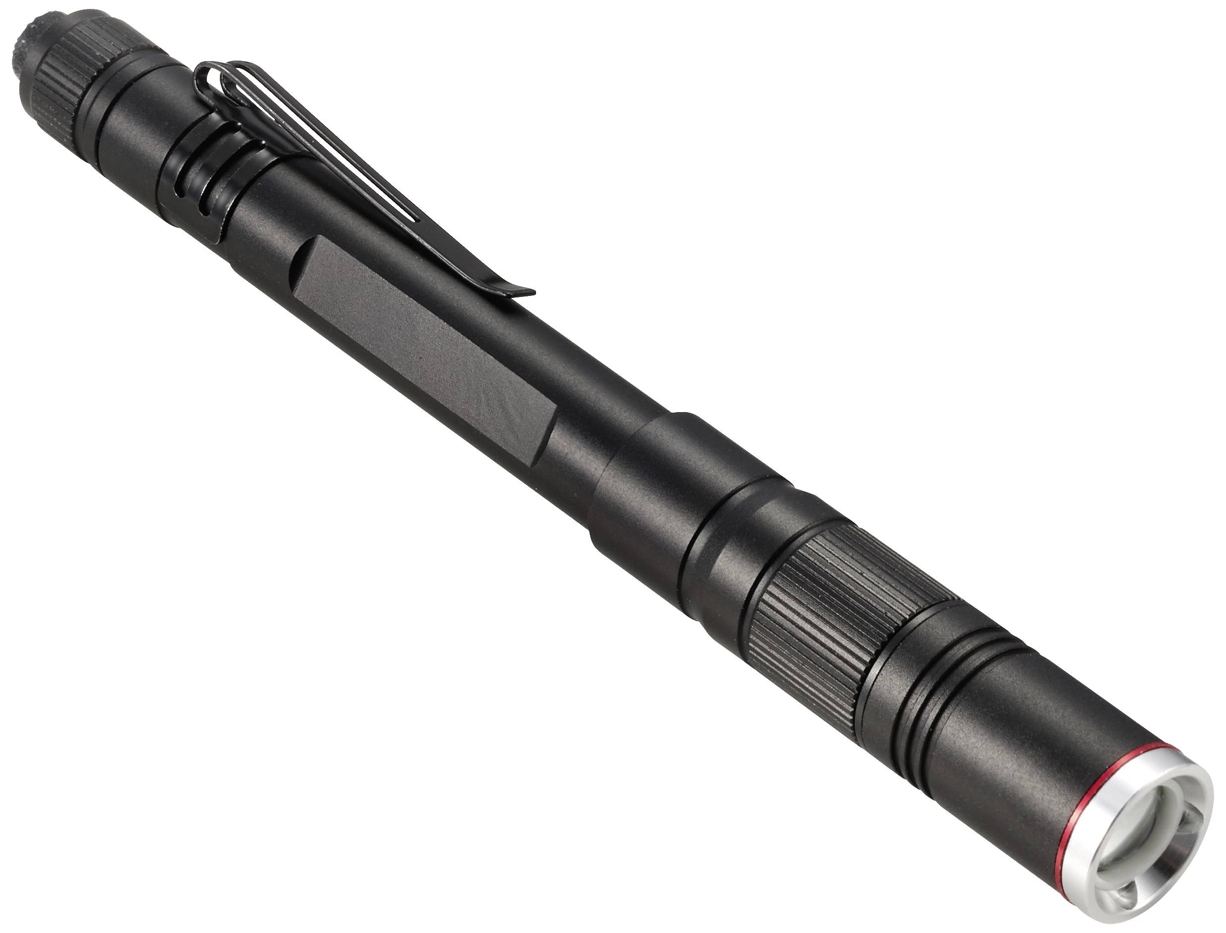 Ein schwarzer, zylindrischer Stift mit Taschenlampenfunktion. Er hat eine geriffelte Oberfläche und einen Clip zum Befestigen.