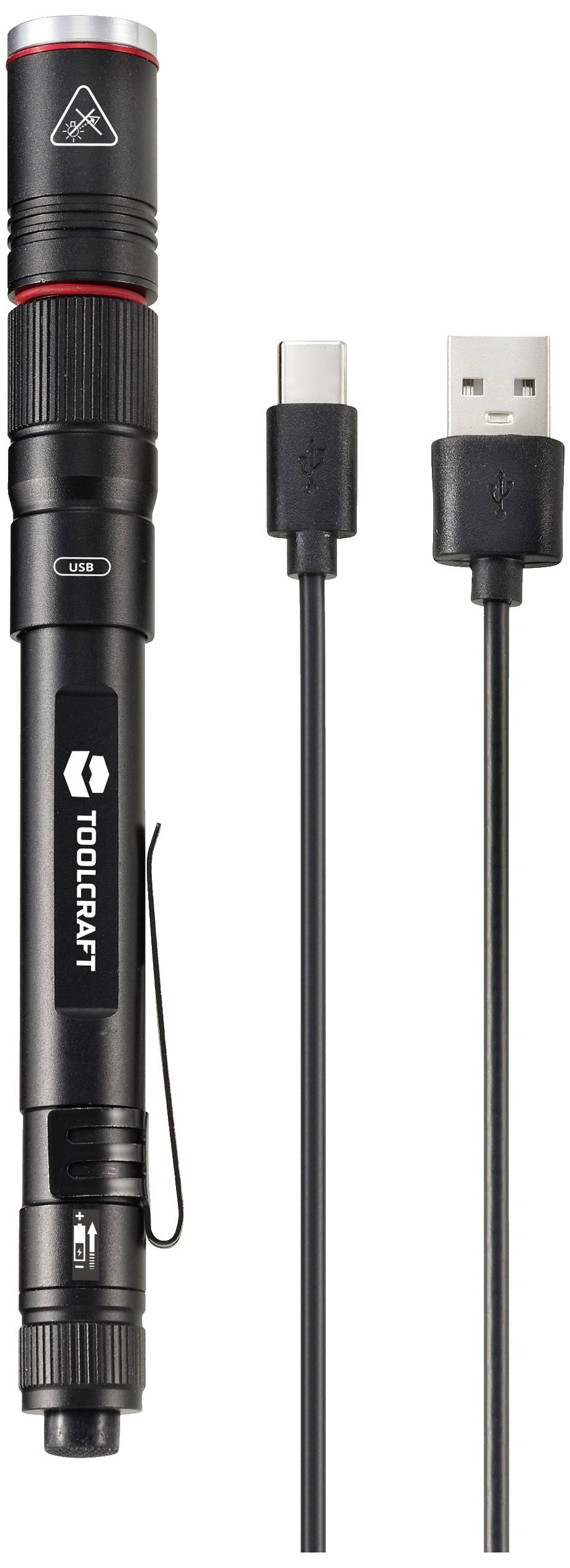 Stiftförmige LED-Taschenlampe von Toolcraft mit USB-Ladekabel. Ideal für präzise Beleuchtung und einfaches Aufladen durch USB.
