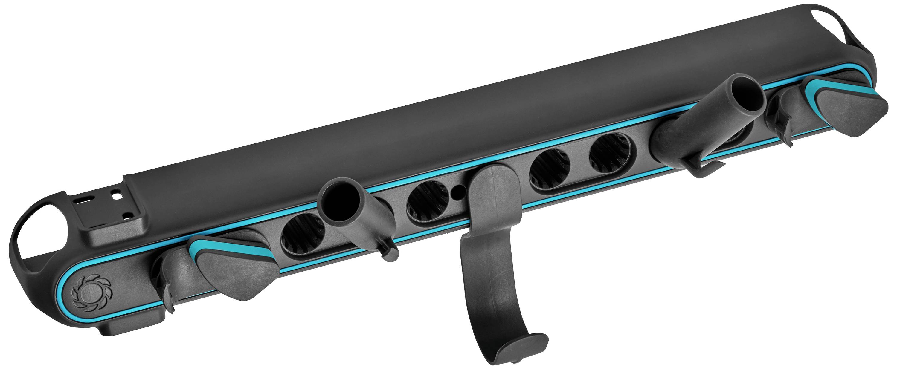 Ein schwarzes Gardena Schlauchtrommel-Wandhalterungszubehör mit blauen Akzenten und mehreren Steckplätzen für verschiedene Anschlüsse.