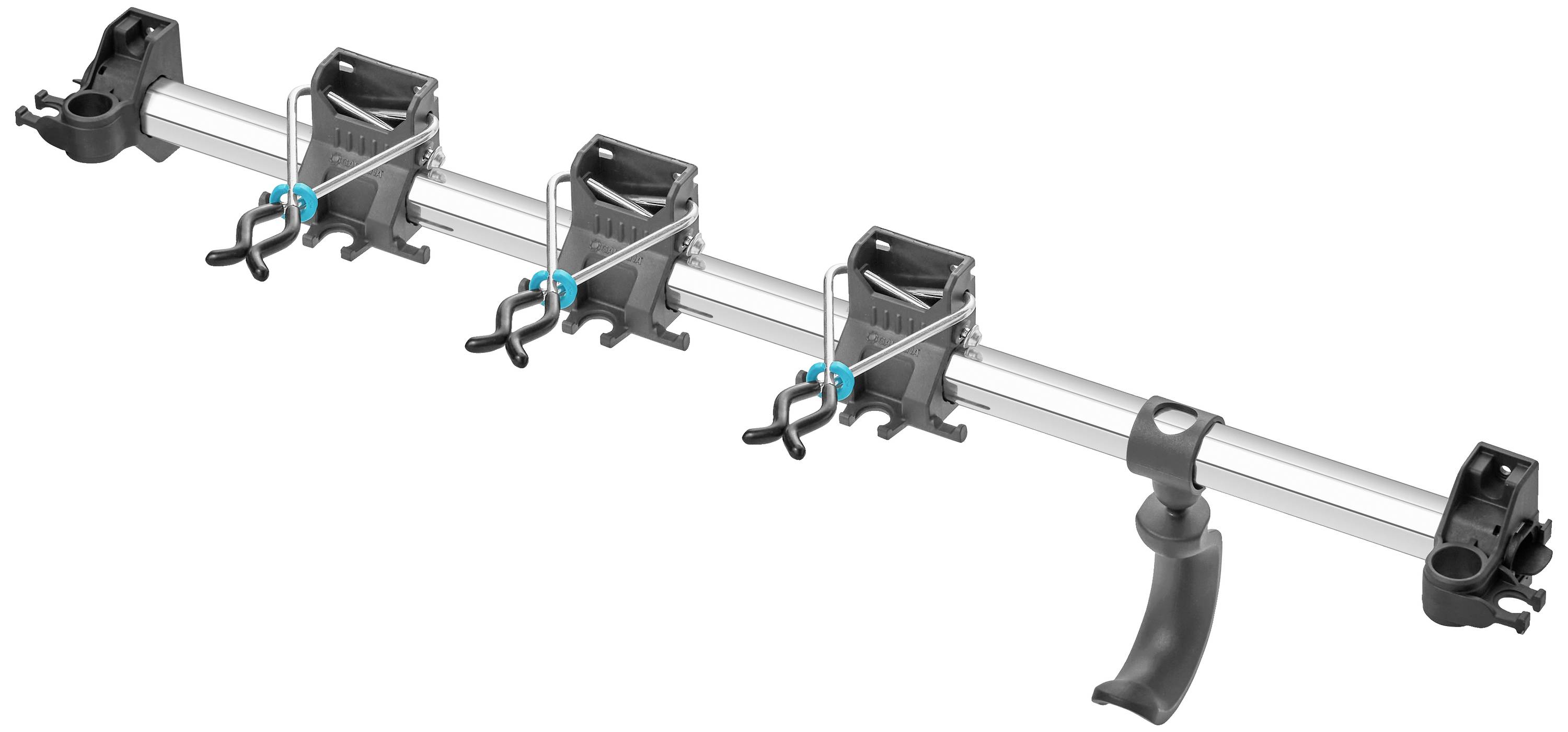 Ein multifunktionales Schienensystem mit vier beweglichen Halterungen für die Befestigung verschiedener Geräte oder Zubehörteile.