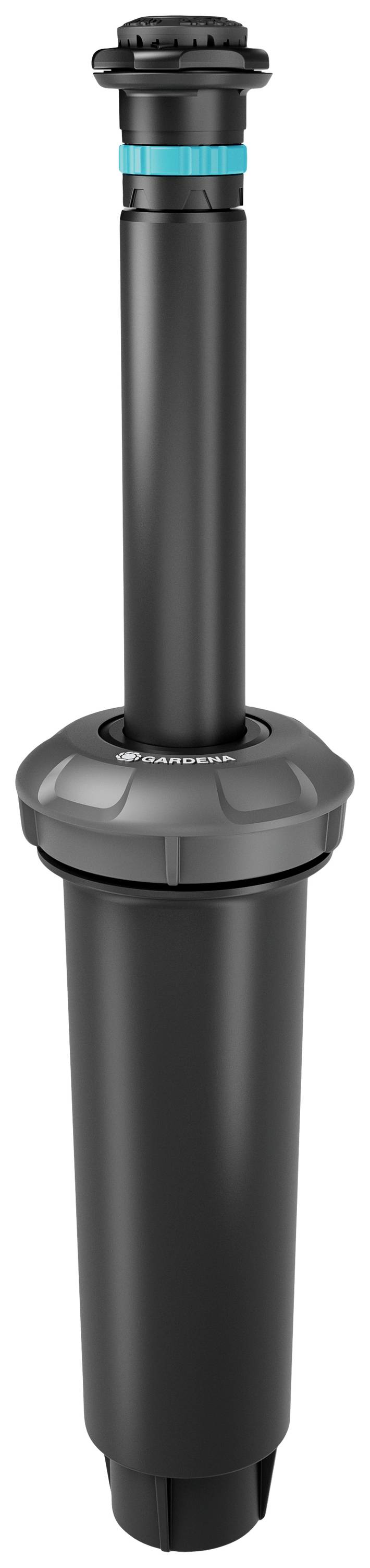 Schwarzer Bewässerungssprinkler mit ausziehbarem Kopf und blauem Ring. Verwendet zur Rasen- und Gartenbewässerung.