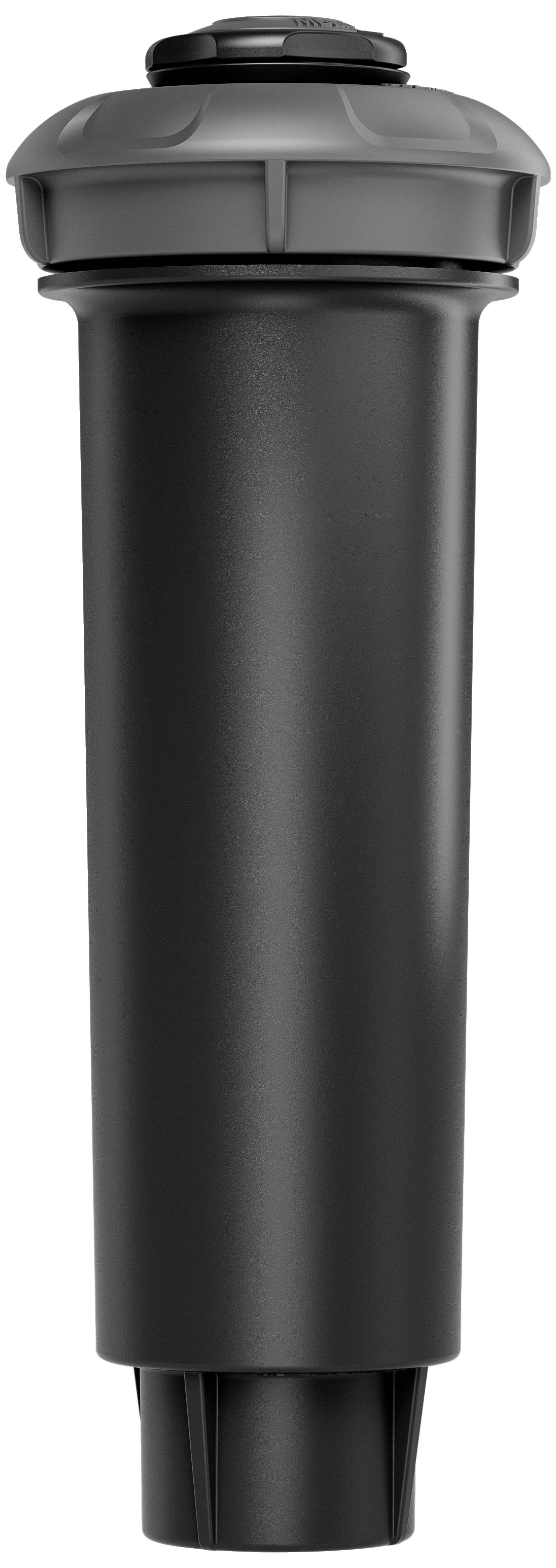 Ein schwarzer Sprinklerkopf mit grauem Deckel, vertikal ausgerichtet. Verwendet zur Bewässerung in Gärten oder Rasenflächen.