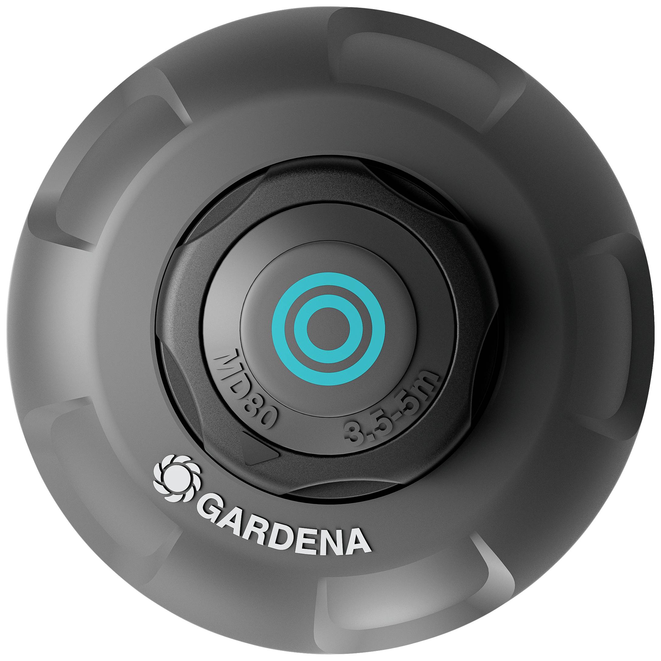 Schwarze Gartensprinkler-Düse von Gardena mit blauen und grauen Akzenten, markiert mit den Werten 'MD80' und '8–3,5 m'.