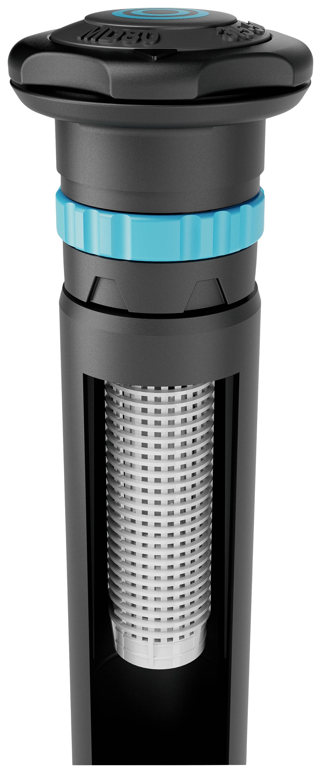 Ein schwarzes Bewässerungsventil mit einem blauen Drehverschluss und einem sichtbaren inneren Filter. Geeignet für Gartenbewässerung.