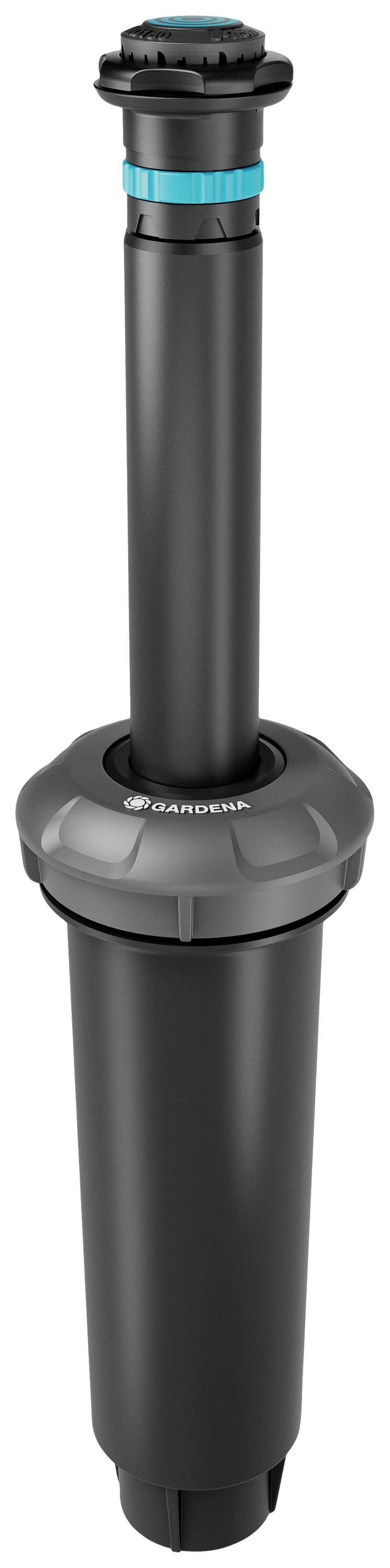 Ein schwarzer Gartensprinkler mit verstellbarem Kopf.