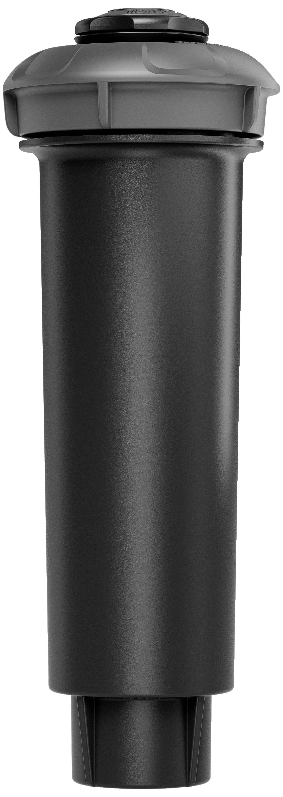 Schwarzer Sprinklerkopf mit grauem Drehverschluss oben, für Bewässerungssysteme in Gärten oder Rasenflächen geeignet.