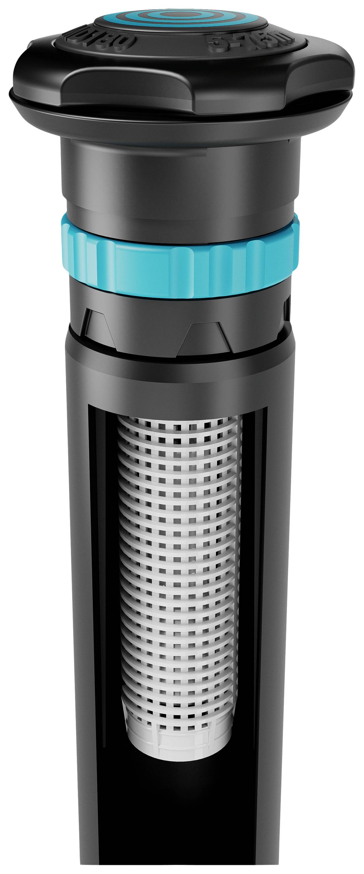 Ein schwarzes Bewässerungssystemteil mit blauem Ring und sichtbarem Filtersieb im Inneren, geeignet für Gartenbewässerung.