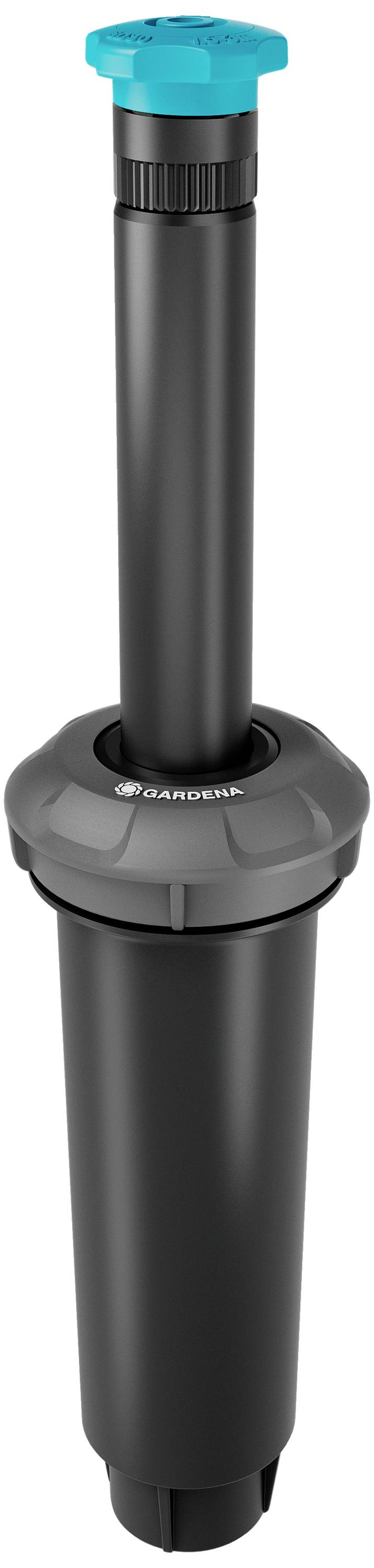 Schwarzer Bewässerungssprinkler mit blauem Kopf, geeignet für Gartenbewässerung.