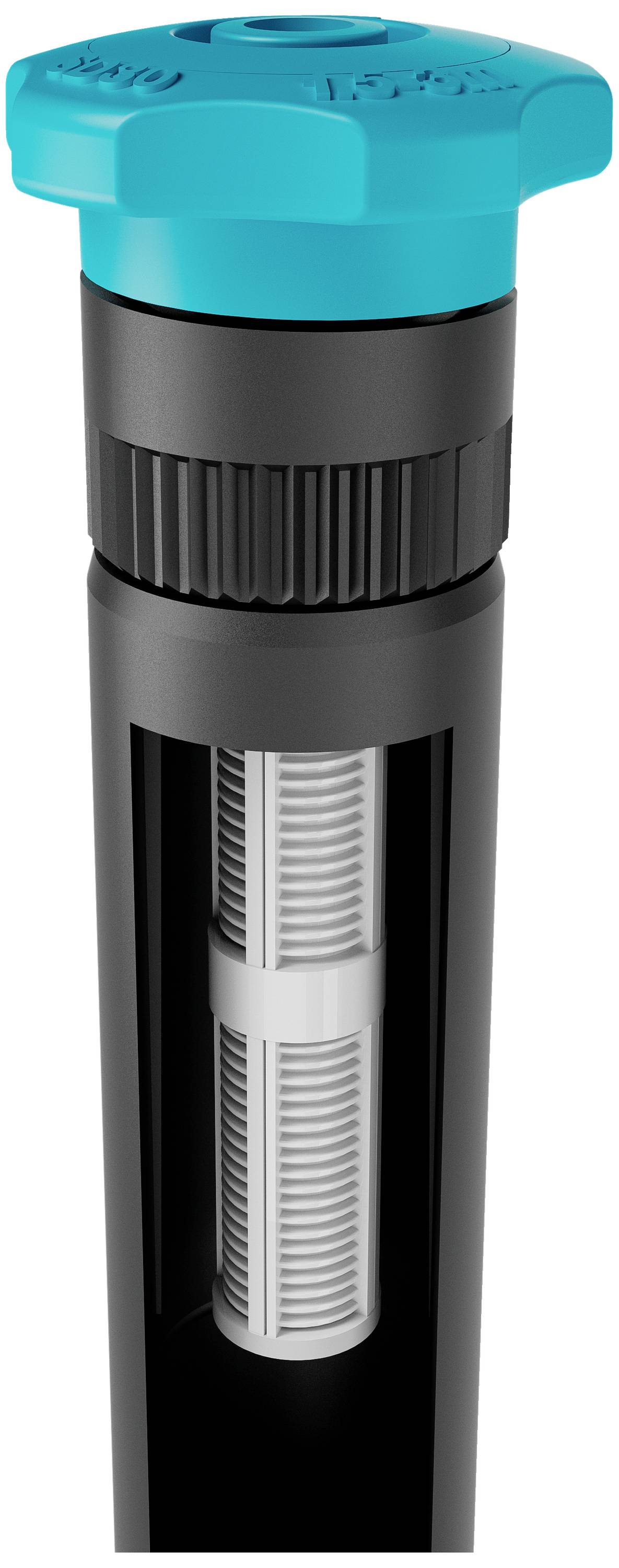 Ein Bewässerungssprinkler mit durchsichtigem Gehäuse zeigt ein herausnehmbares Filterelement.
