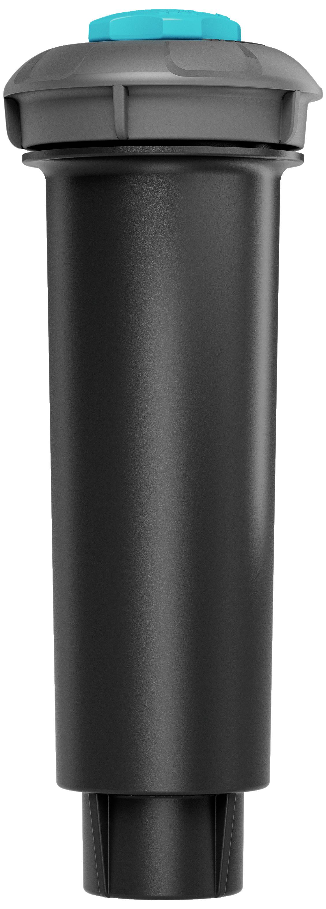 Schwarzer Kunststoffzylinder mit grauem und blauem Deckel, wahrscheinlich ein Bewässerungssprinklerkopf.