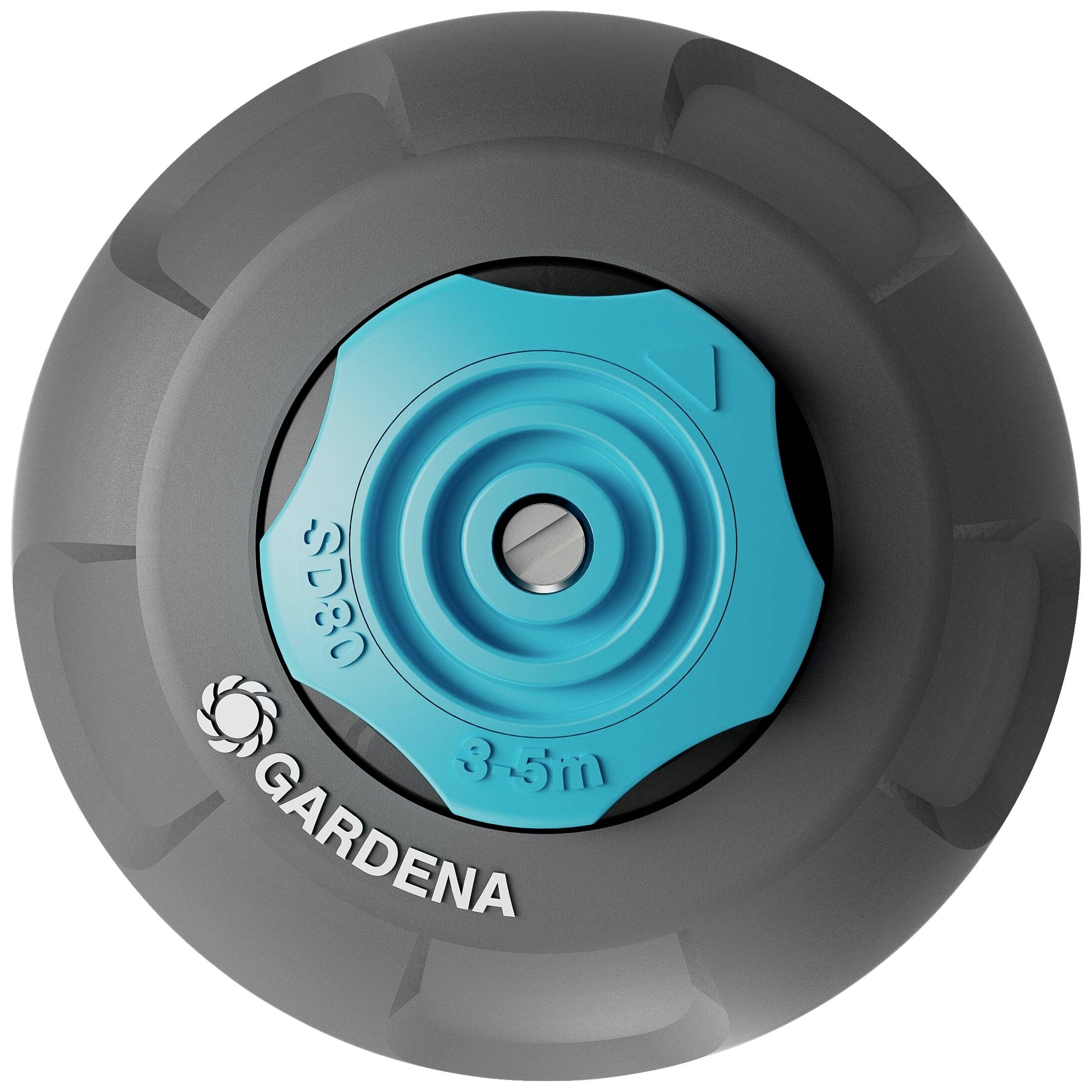 Grauer Schneckenabwehr-Aufsatz mit blauem Mittelteil, bedruckt mit 'GARDENA SD80 3–5 m'. Verhindert Schäden durch Schnecken.