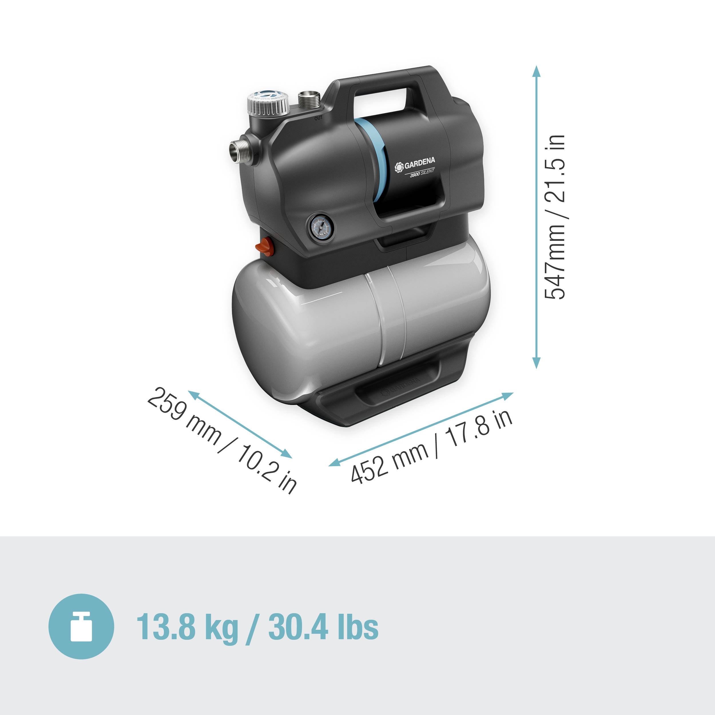 Eine schwarze und graue Pumpe mit Abmessungen: 547 mm Höhe, 452 mm Länge, 259 mm Breite. Gewicht: 13,8 kg (30,4 lbs).