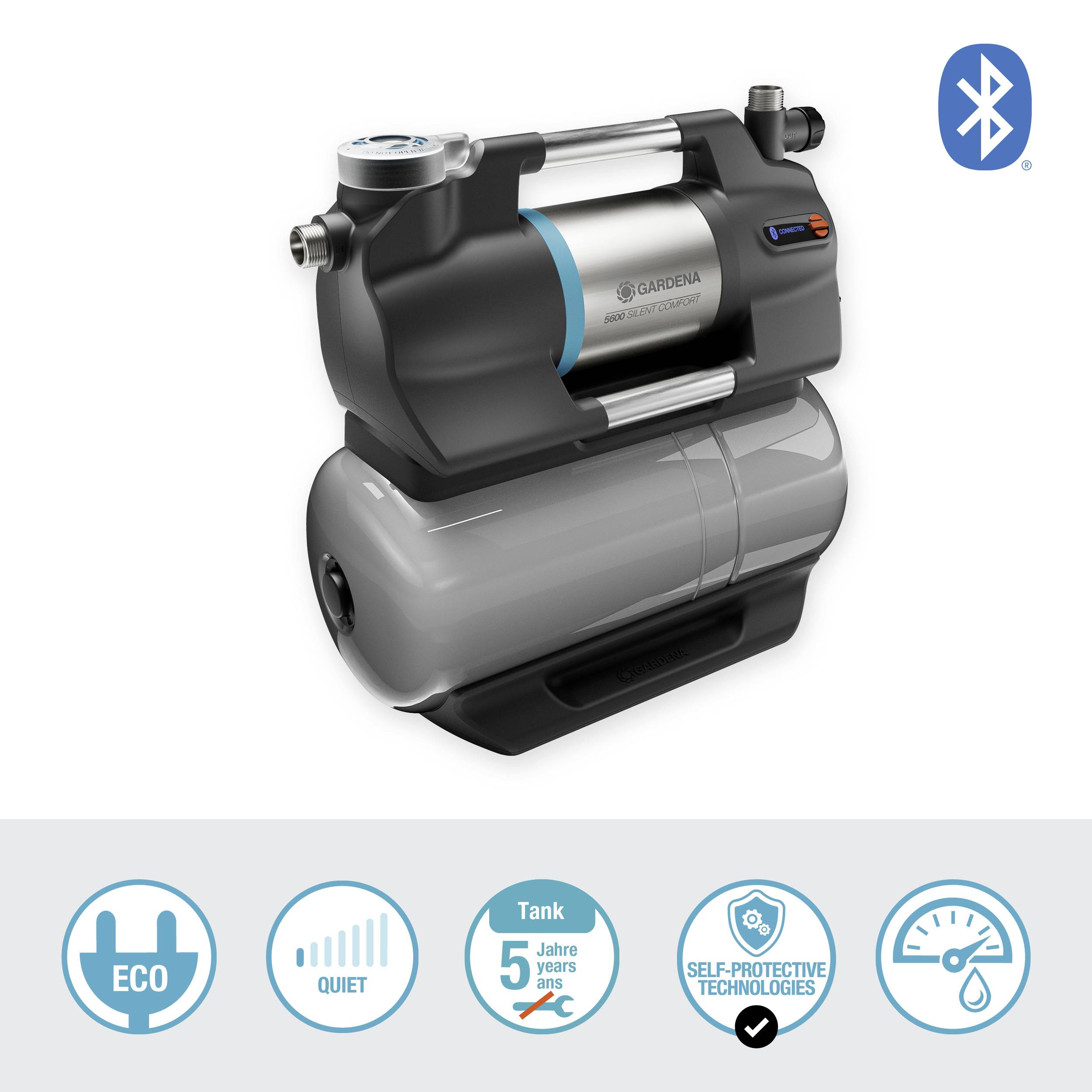 Mehrstufige Gartenpumpe mit Bluetooth und Eco-Funktion. Symbole zeigen Funktionen: Energieeffizienz, Geräuscharmut, 5-Jahres-Tankgarantie.