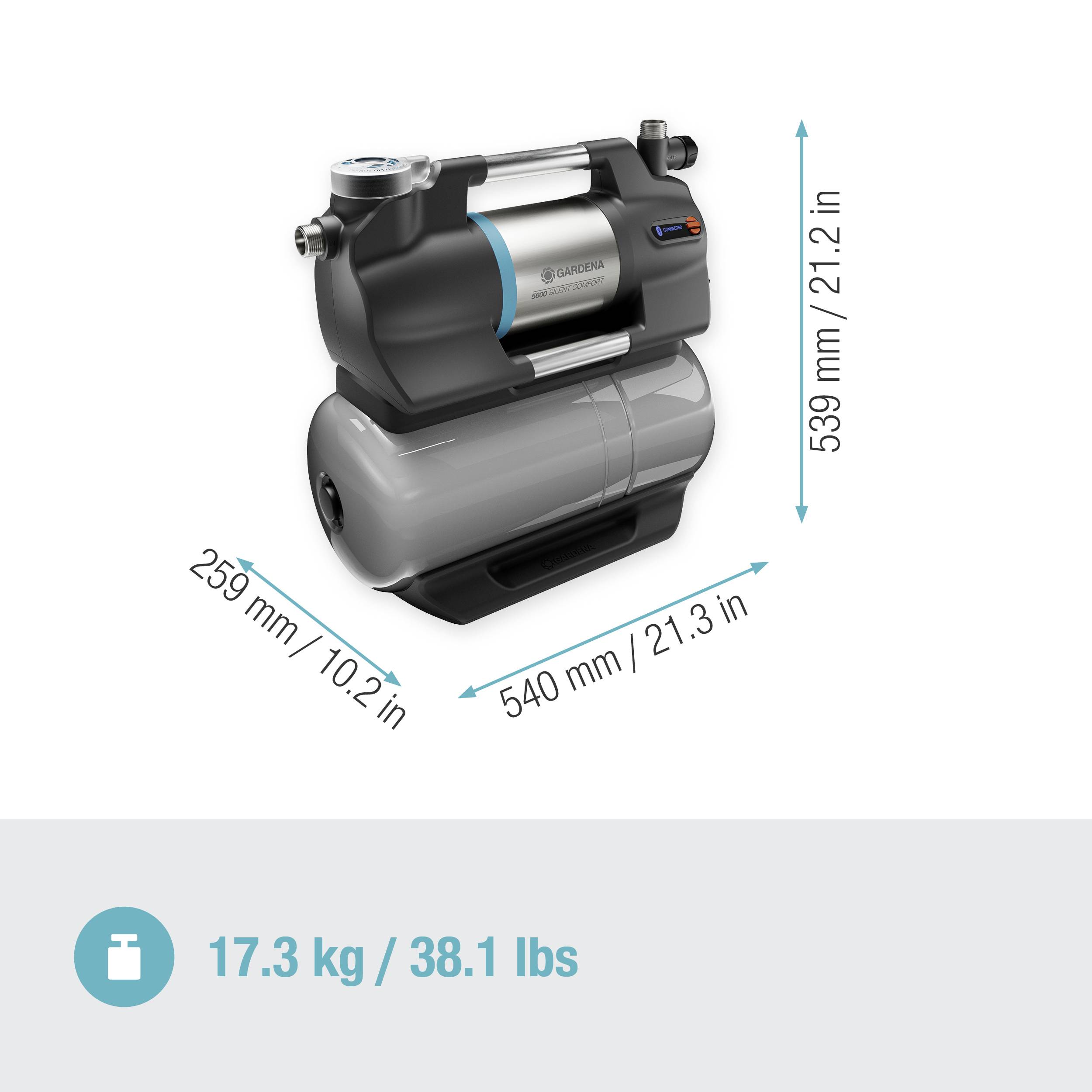 Eine Wasserpumpe von Gardena mit einem Gewicht von 17,3 kg (38,1 lbs) und den Abmessungen 259 mm x 540 mm x 539 mm ist abgebildet.