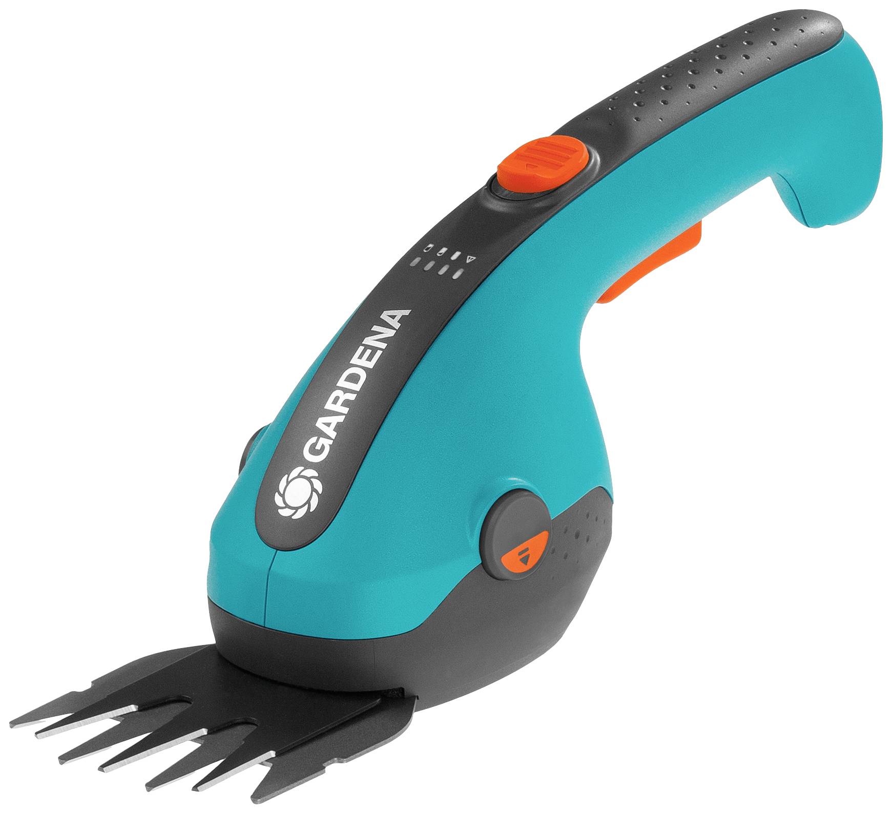 Ein elektrisches Gartengerät zum Schneiden von Gras und kleinen Sträuchern, in Türkis und Schwarz, mit ergonomischem Griff und orangenem Schalter.