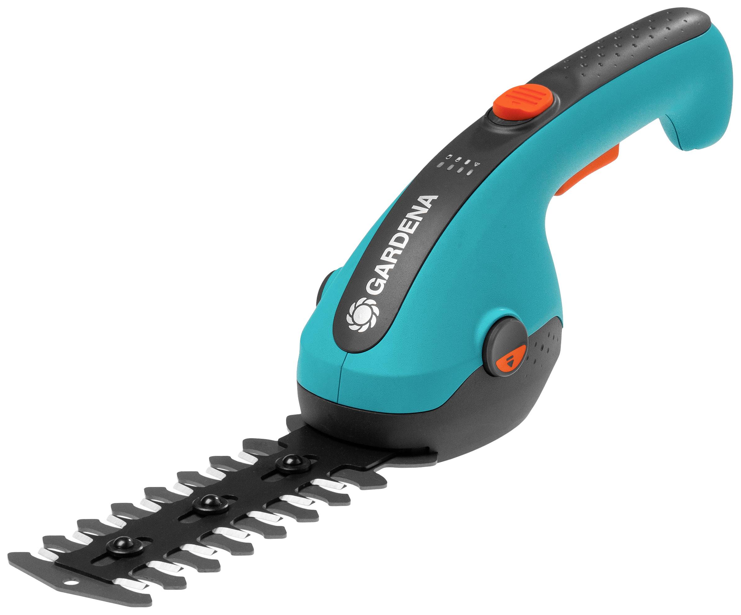 Elektrische Strauchschere von Gardena mit blauem Gehäuse, orangefarbenen Bedienelementen und schwarzer Schneide für den Garten.