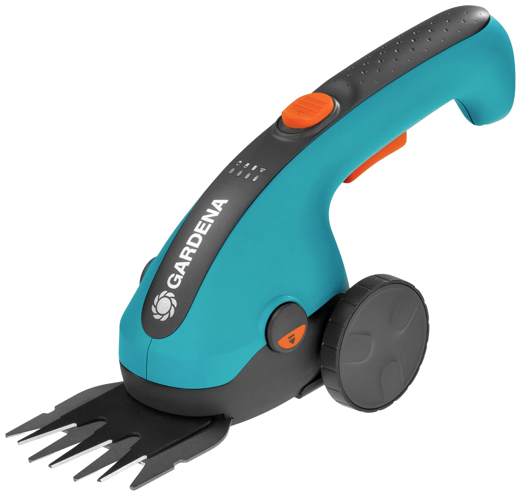 Elektrische Heckenschere in Blau mit schwarzem Griff und orangenen Knöpfen. Markenname 'GARDENA' sichtbar.