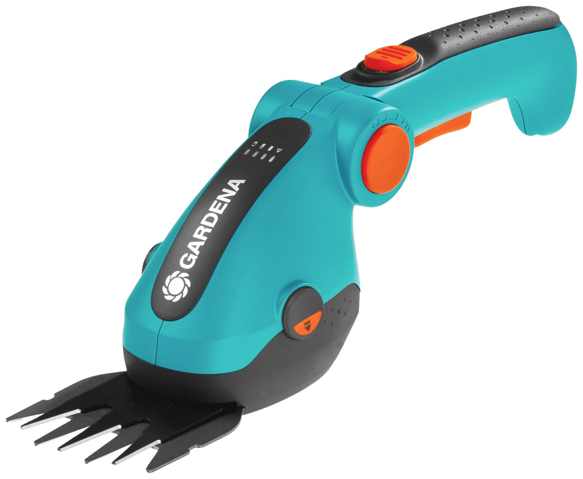 Ein blaues und oranges Gardena Akku-Gras- und Strauchschere, kompakt und ergonomisch für präzisen Gartenbeschnitt.