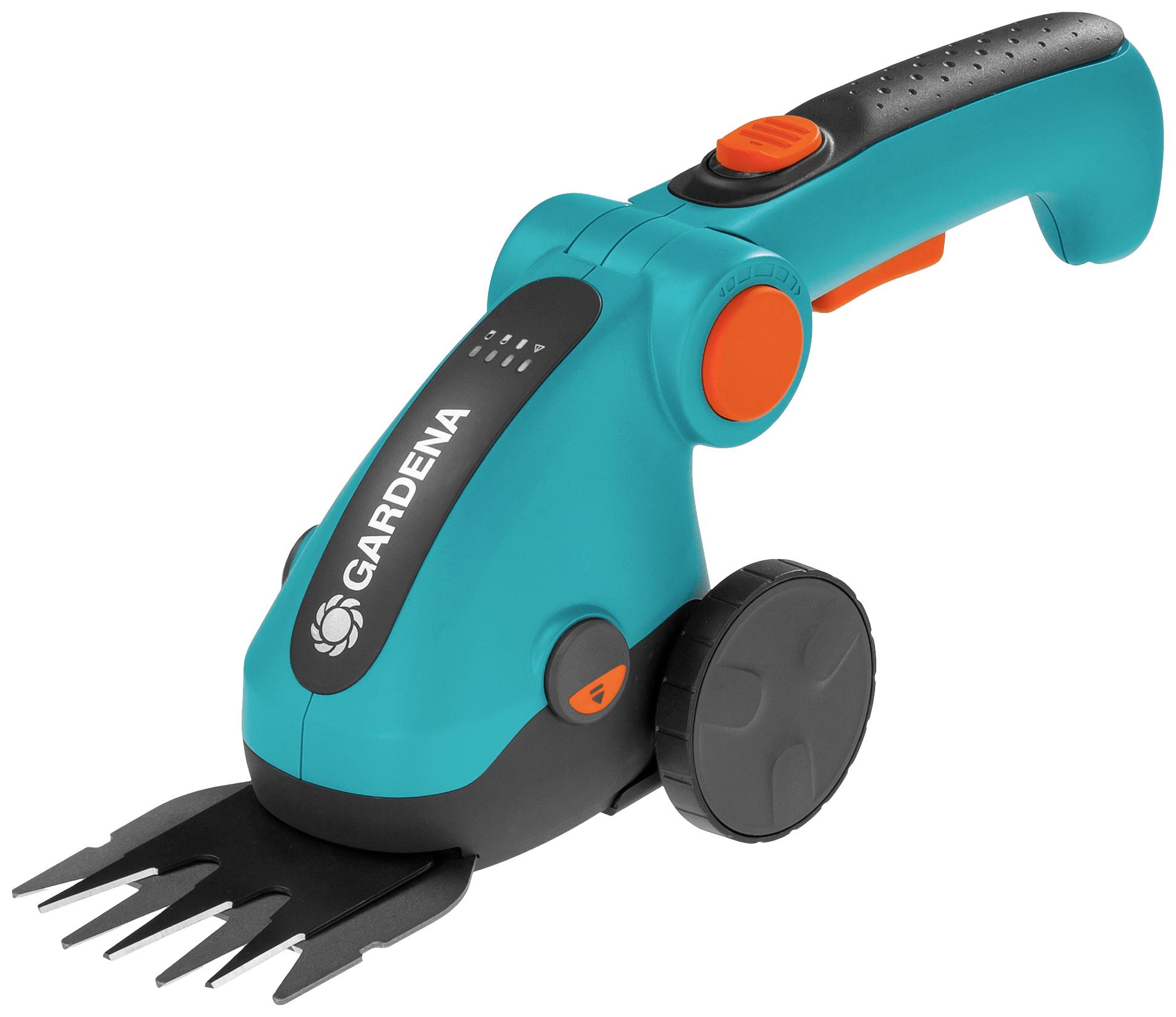 Elektrische Gartenschere mit ergonomischem Griff und rotierenden Rädern, geeignet zum präzisen Schneiden von Gras und Pflanzen.