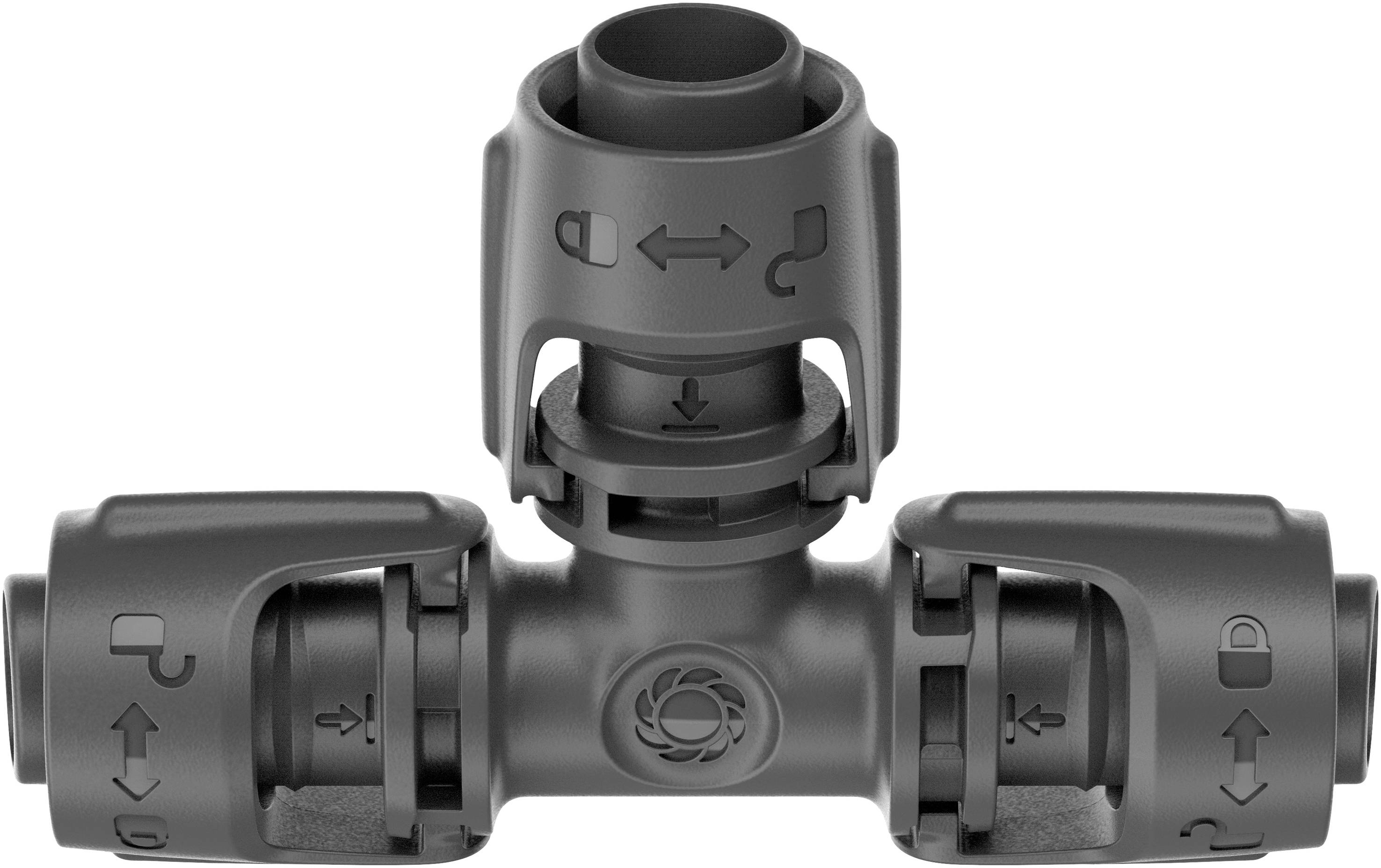 Kunststoff-T-Stück-Verbinder mit Verriegelungsmechanismus und Richtungspfeilen.