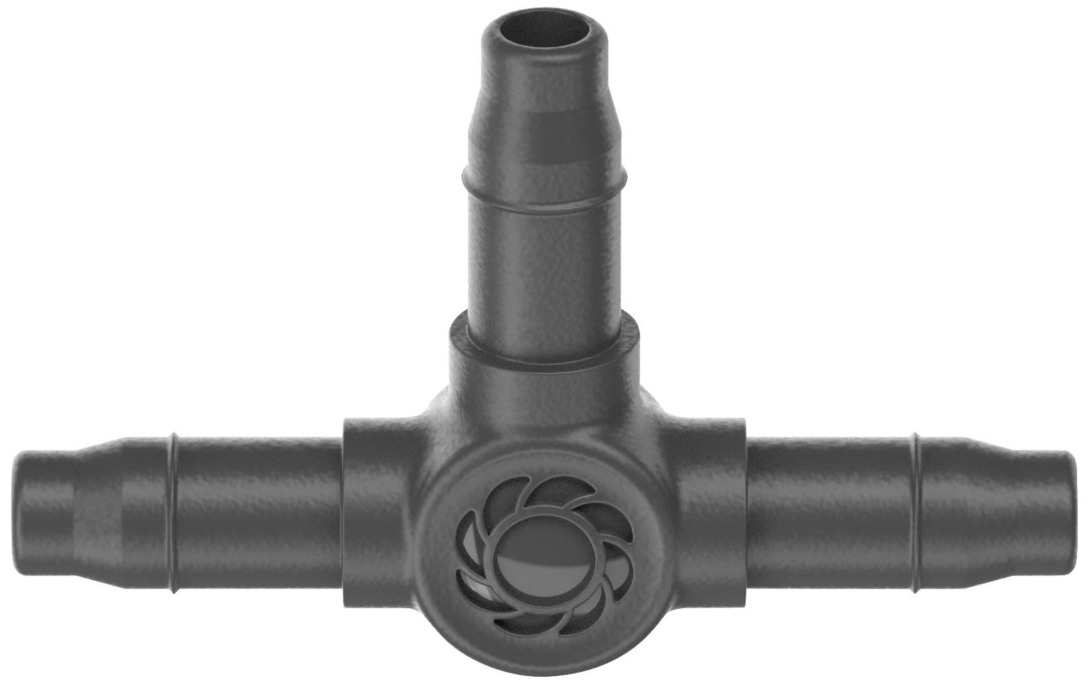 Ein schwarzes Kunststoff-T-Stück mit drei Anschlüssen für Schläuche, verwendet in Automobil- oder Sanitäranwendungen.