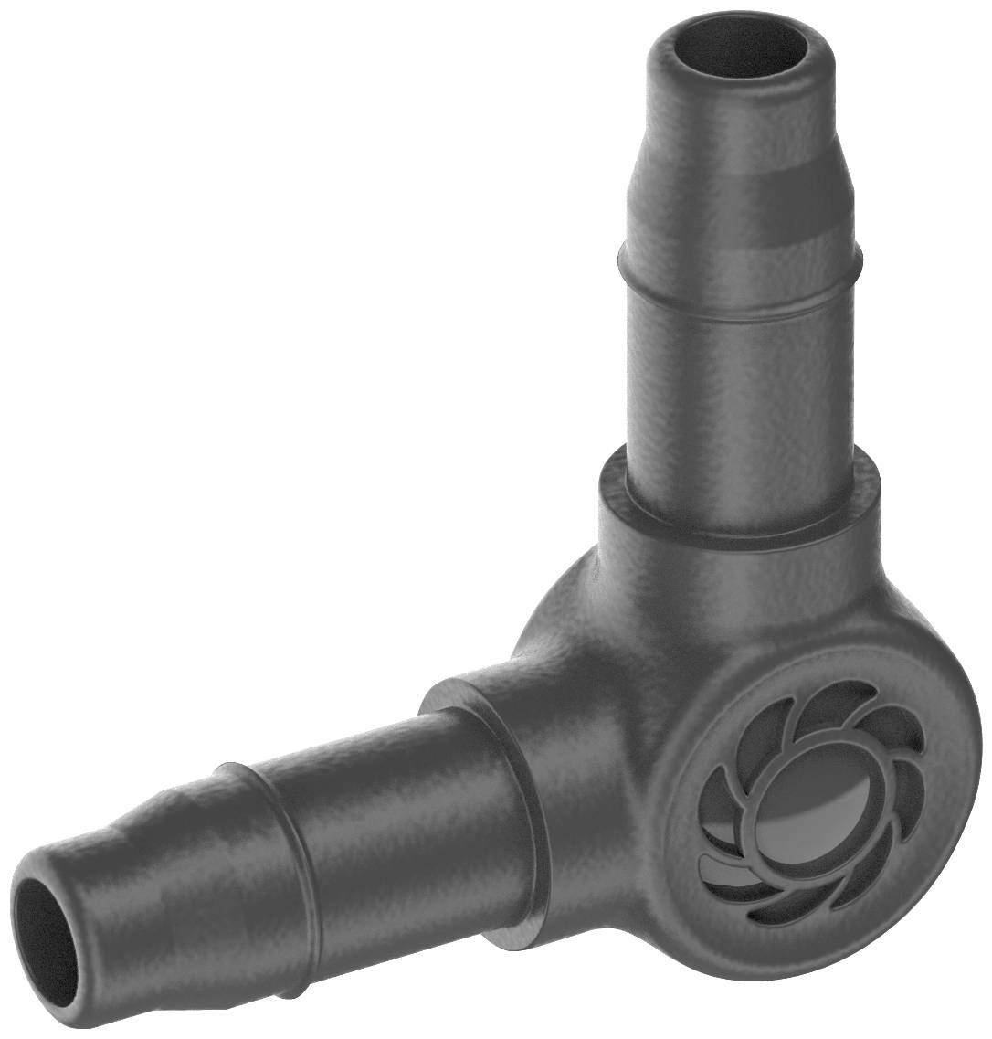 Grauer Kunststoff-Schlauchverbinder mit L-Form, zwei Steckanschlüssen und gerilltem Design für besseren Halt und Flexibilität.