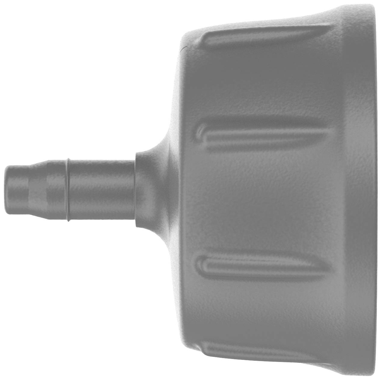 Eine graue Schraubverschlusskappe mit einem kurzen Schlauchanschluss. Sie hat mehrere gerippte Bereiche zur besseren Griffigkeit.