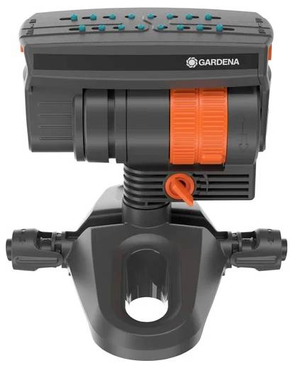 Ein automatischer Gartenbewässerungscomputer mit schwarzem Gehäuse und orangenen Akzenten zur Steuerung der Wasserzufuhr.