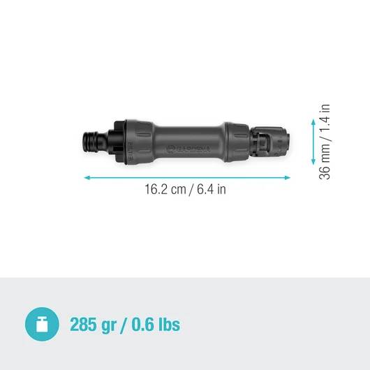 Ein schwarzer zylindrischer Verbinder mit einer Länge von 6,4 Zoll und einem Durchmesser von 1,4 Zoll, der 0,6 Pfund wiegt.