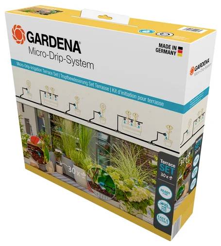 Verpackung für das Gardena Micro-Drip-System, Bewässerungsanordnung für Terrasse mit Pflanzen dargestellt. Enthält Etikett mit dem Aufdruck 'Made in Germany'.