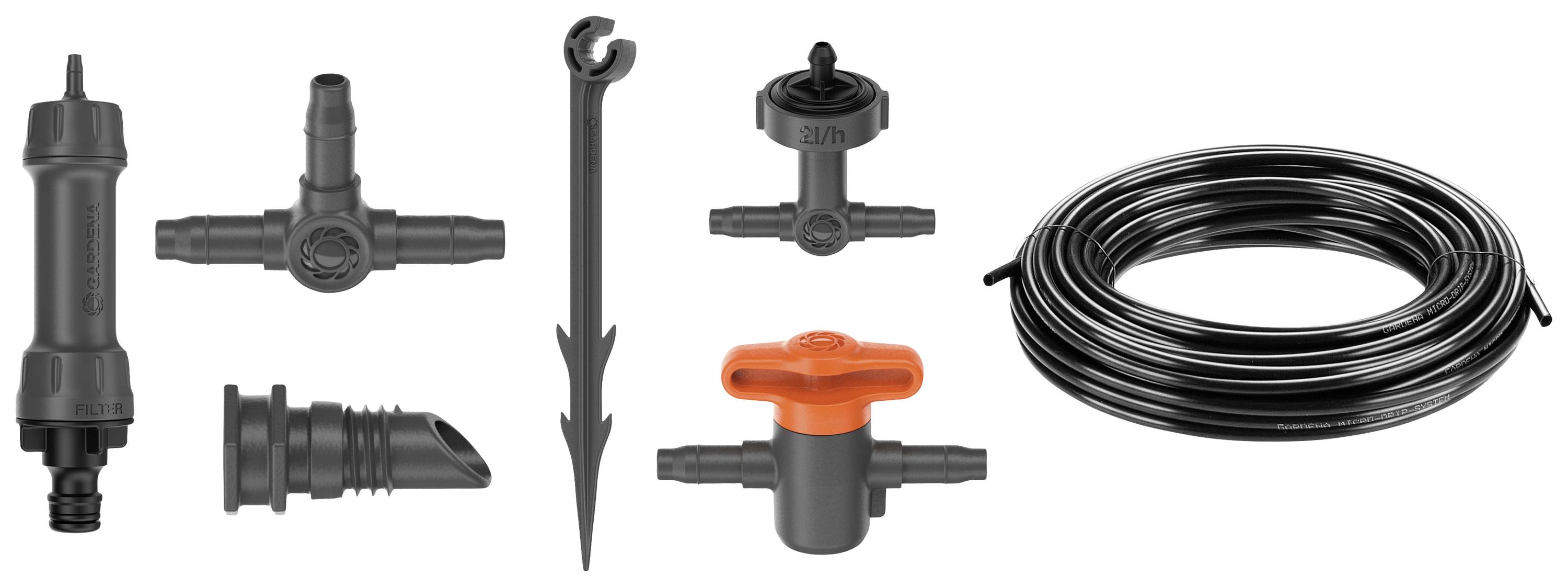 Ein Set aus Bewässerungsteilen: Tropfverteiler, T-Stück, Schlauchverbinder, Regulierventil, Spieß, Schlauchrolle. Ideal für Gartenbewässerungssysteme.