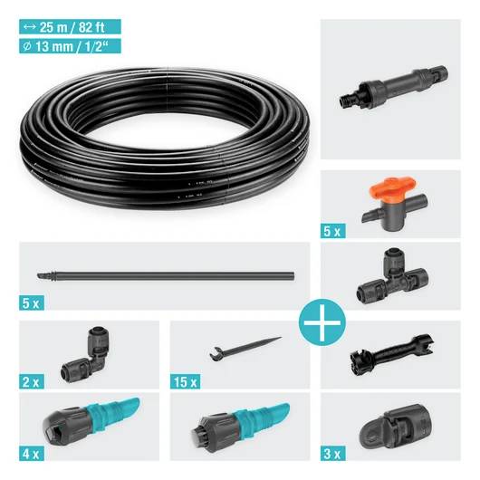 Garten-Bewässerungsset umfasst 25m Schlauch, Ventile, Anschlüsse und Erdspieße für effiziente Wasserverteilung. Geeignet für verschiedene Aufbauarten.