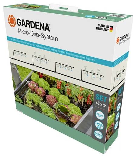 Gardena Micro-Drip-System Verpackung mit Pflanzern und Micro-Drip-Bewässerungsaufbau. Enthält 35-teiliges Set, ‚Sofort einsatzbereit', ‚Einfach & flexibel'.