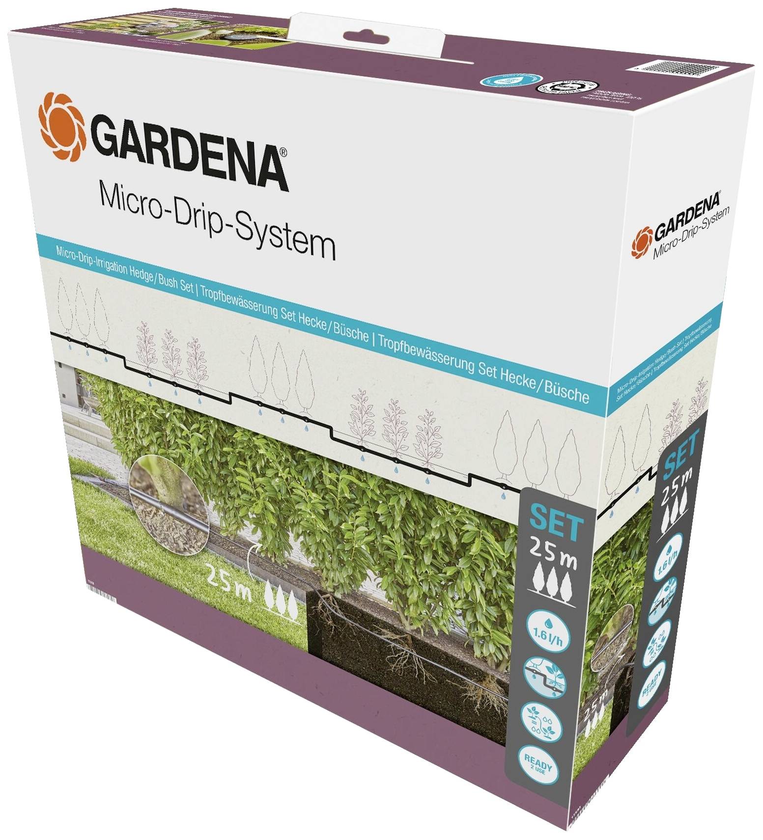 Verpackung des Gardena Micro-Drip-Systems zur Bewässerung von Hecken und Büschen, Set für 25 m.