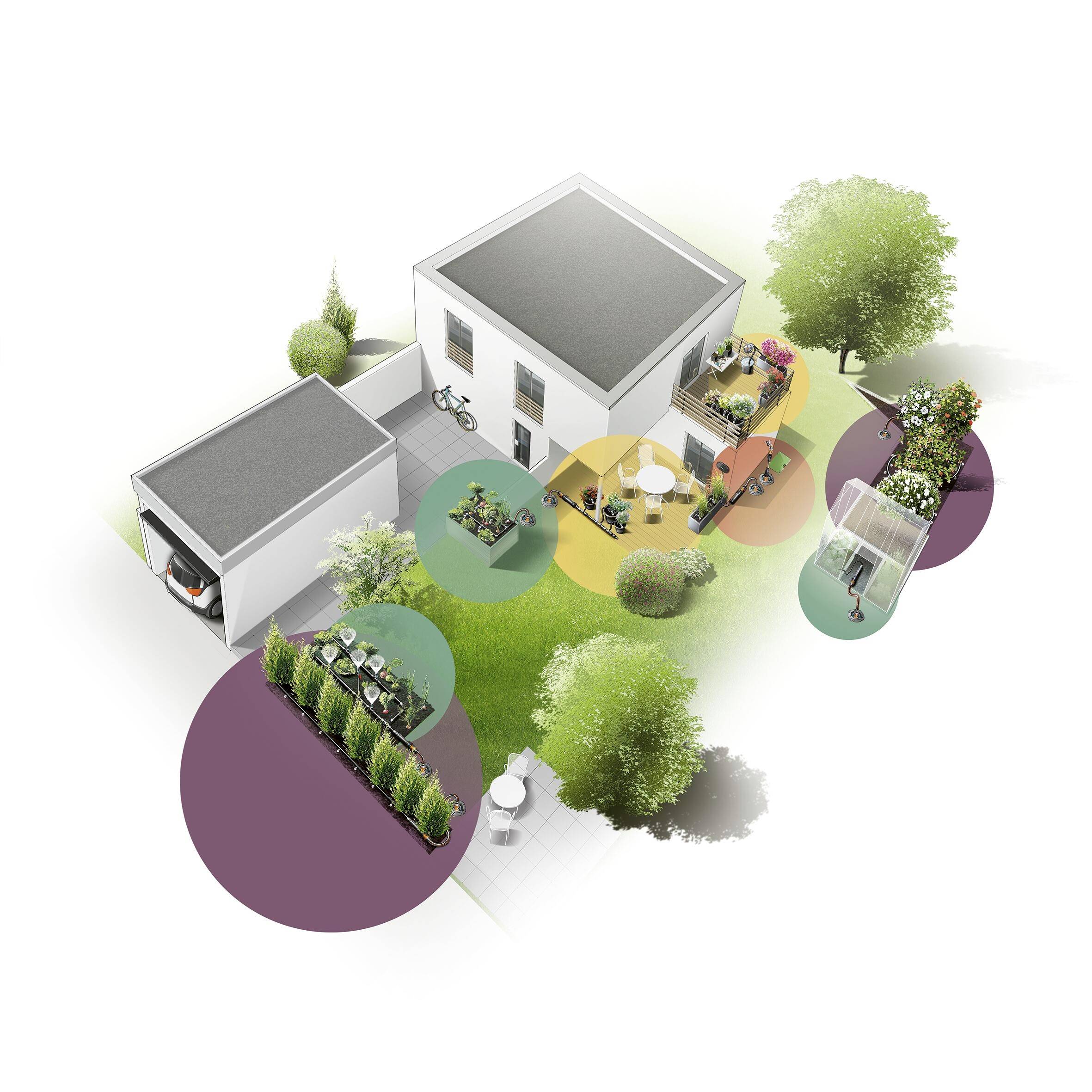 Ein modernes Haus mit Gartenbereichen, darunter Sitzgelegenheiten, Pflanzen und Bäume. Der Fokus liegt auf der umgebenden Landschaftsgestaltung.