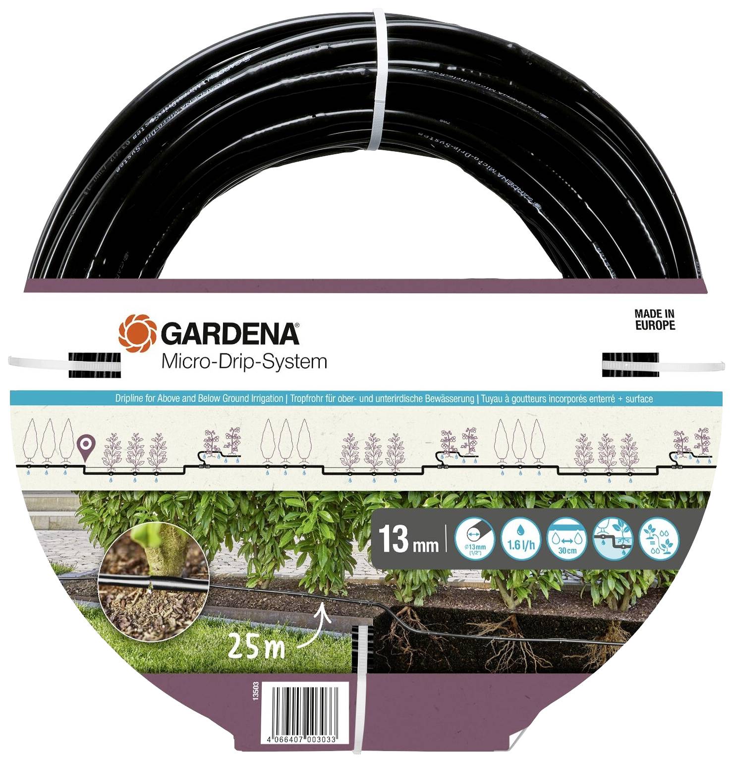 'Gardena Micro-Drip-System' Verpackung zeigt 25 m Tropfrohr, 13 mm Durchmesser. Illustrationen und Symbole für effiziente Bewässerung.