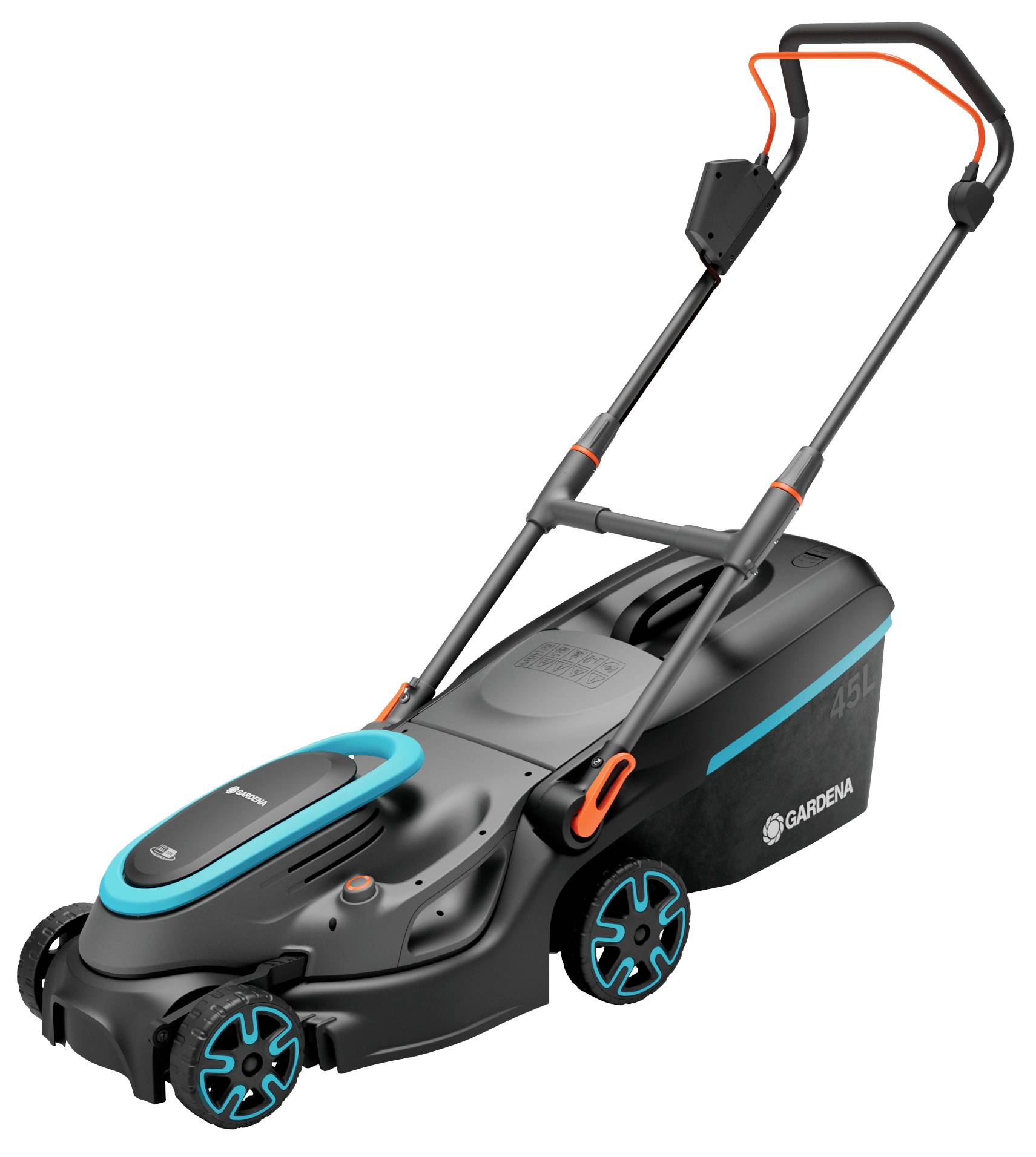 Elektrischer Rasenmäher mit schwarzem Gehäuse und blauen Akzenten, markiert mit 'Gardena'. Ideal für mittelgroße Gärten.