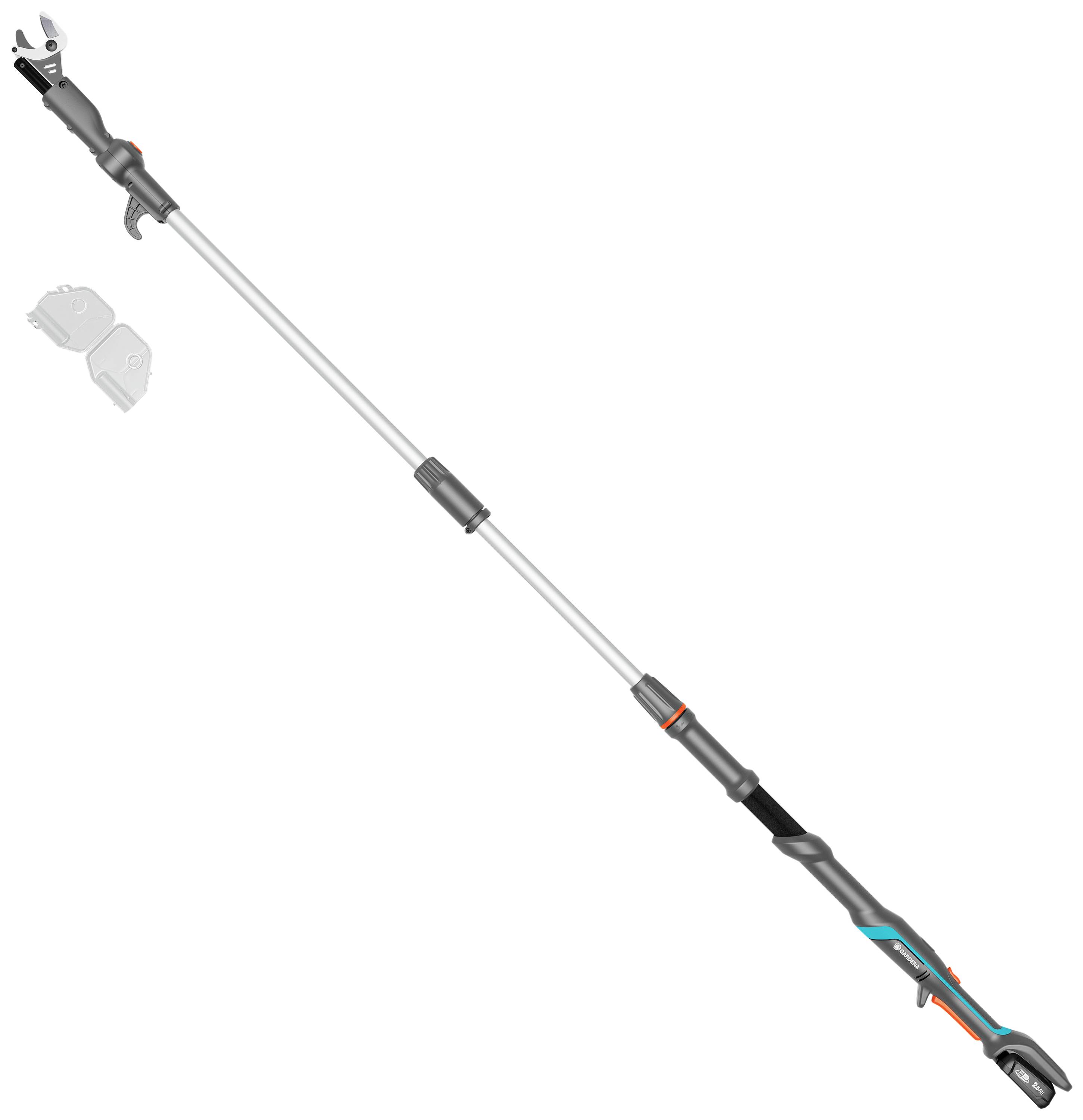 Teleskop-Astschere mit langem Stiel und ergonomischem Griff, ideal zum Schneiden hoher Äste ohne Leiter. دارای تیغه‌های تیز و قفل ایمنی.