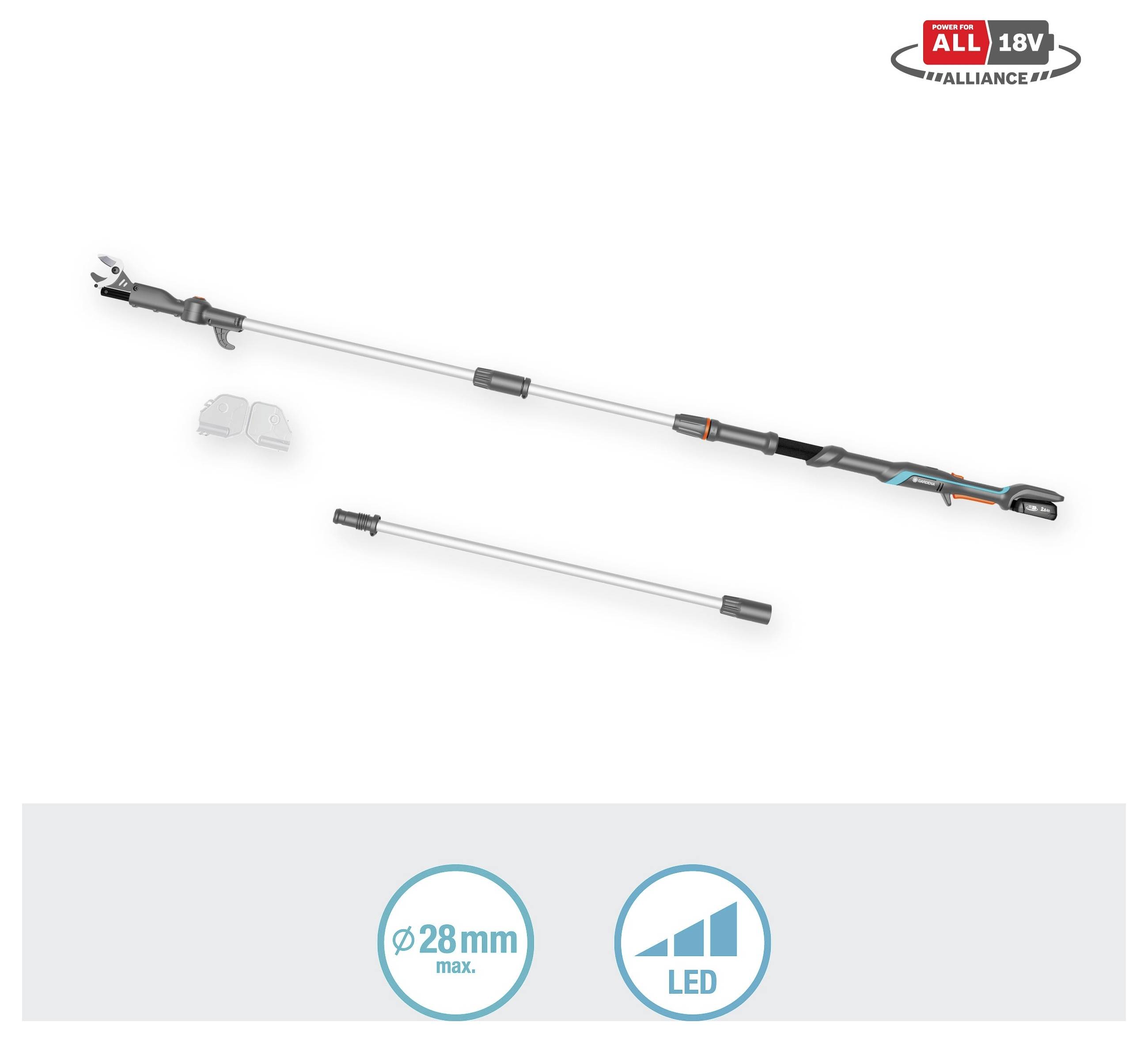 Ein kabelloses, ausziehbares Gartengerät mit Schneidaufsätzen, Griff und LED-Anzeige. Mit der Bezeichnung 