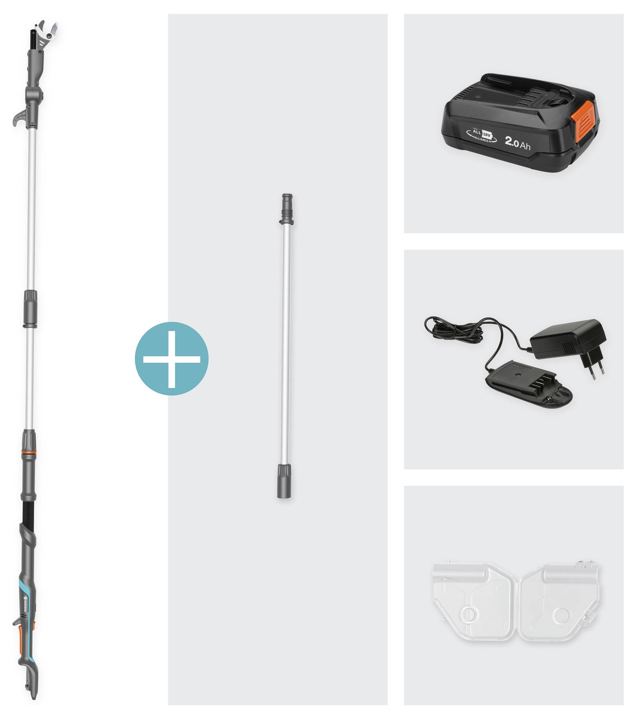 Ein Teleskop-Heckenschneider-Set mit Hauptstab, Verlängerungsstab, wiederaufladbarem Akku, Ladegerät und Schutzabdeckungen.