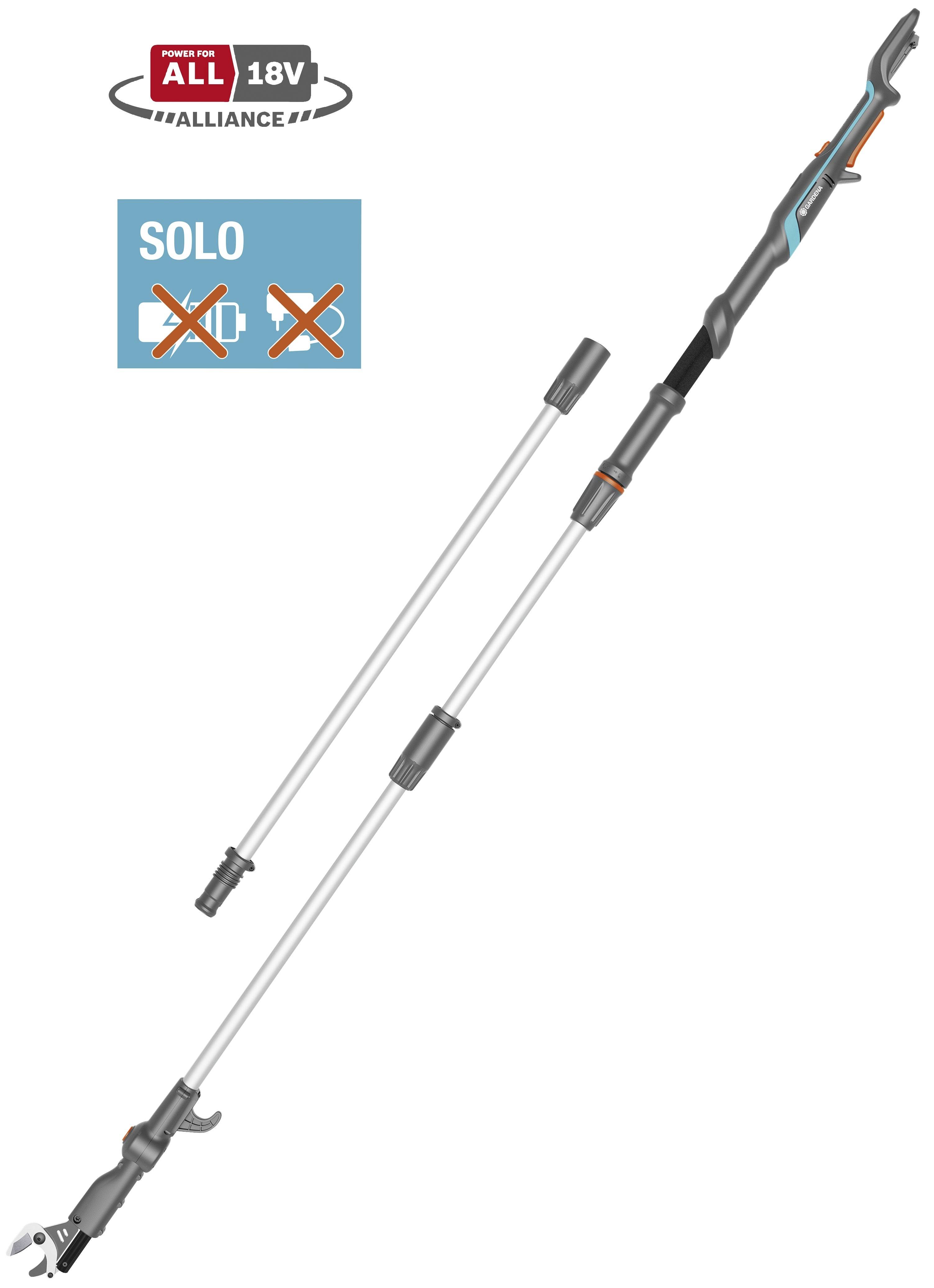 Ein Teleskop-Baumschneider mit ausgefahrenen verstellbaren Griffen, einer Schneideklinge am Ende sowie den Bezeichnungen „18V ALLIANCE