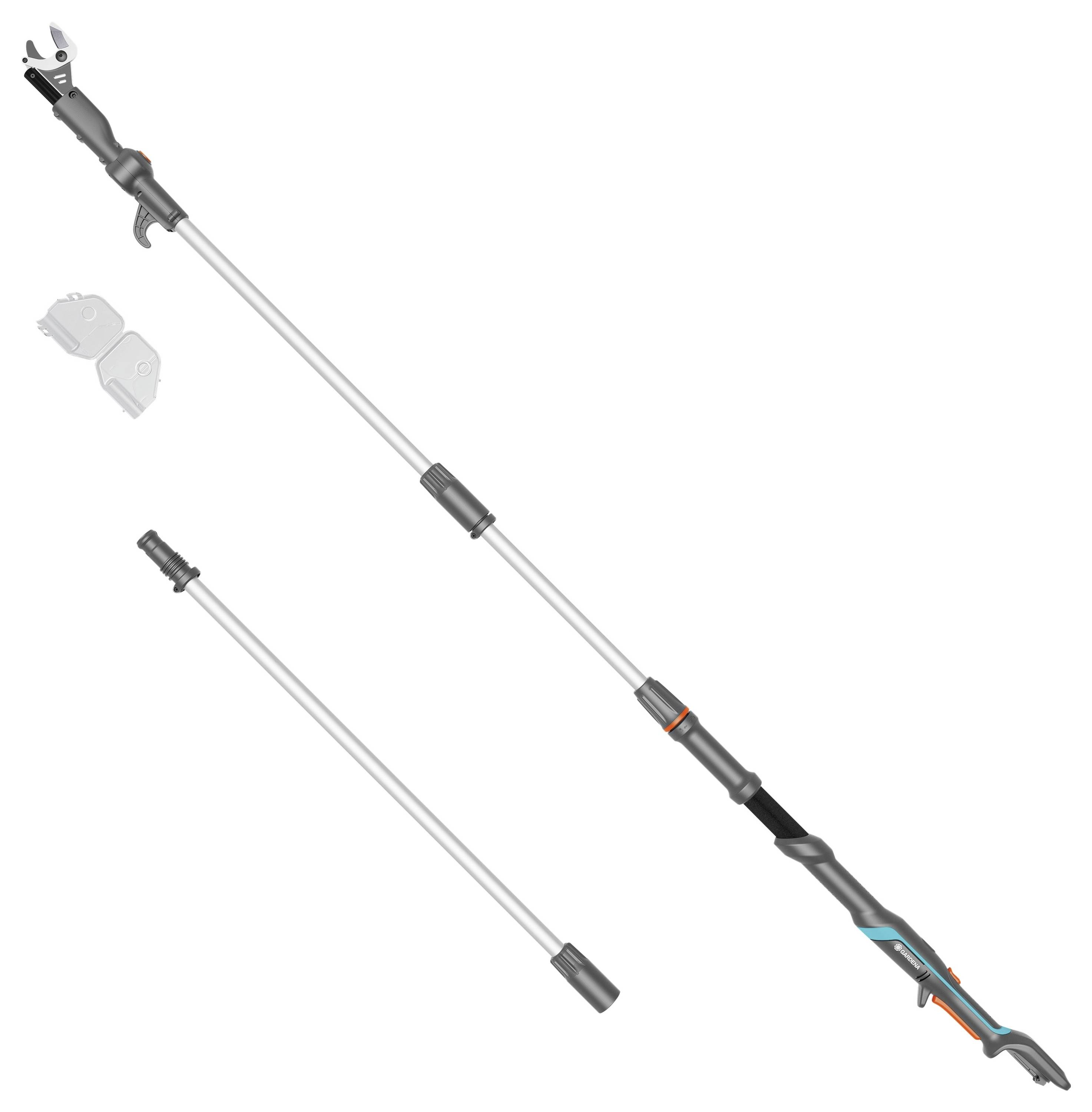 Langstielge Gartenscheren mit ausziehbarem Stiel, detailliertem Blatt und ergonomischem Griff, entwickelt zum sicheren Schneiden hoher Äste.