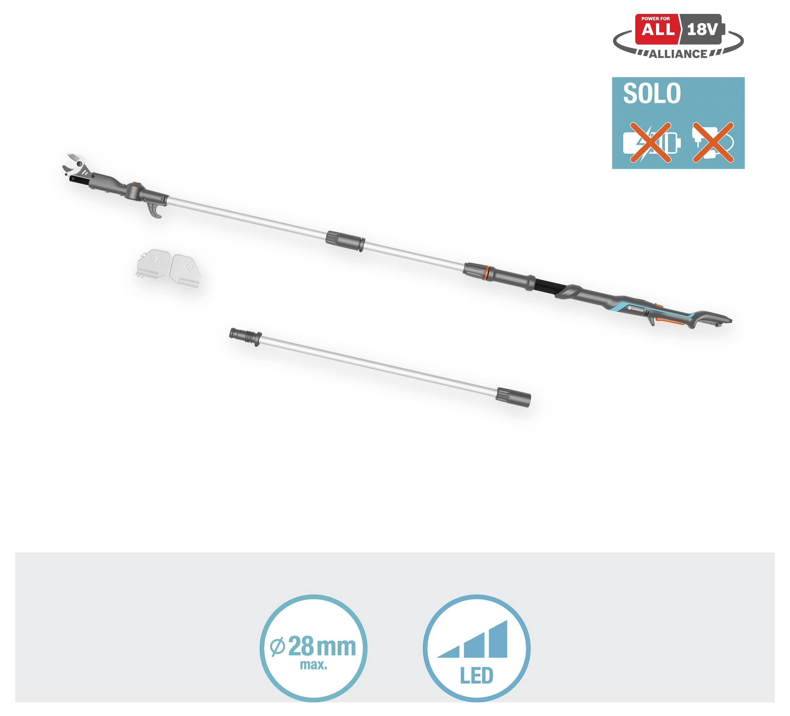 Verlängerte Astschere zum Schneiden von Ästen. Umfasst drei Komponenten: Schneidkopf, Hauptstange und Verlängerung. Merkmale: maximaler Schnittdurchmesser von 28mm und LED-Anzeige. Geeignet für den Einzelgebrauch.