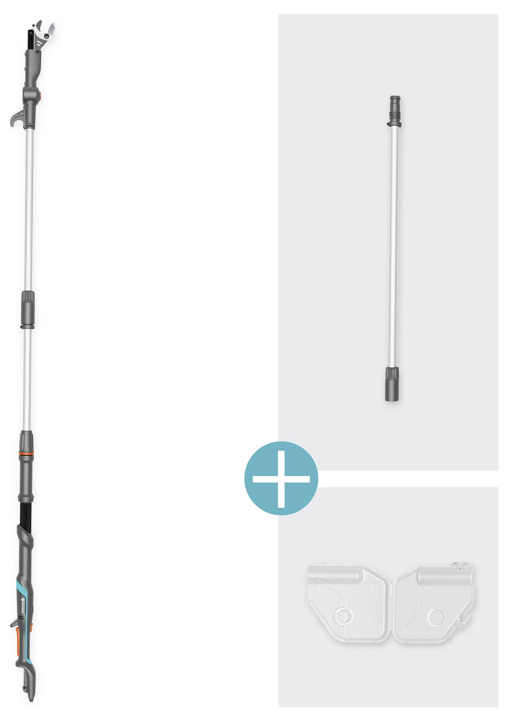 Ausziehbare Gartenschere mit langem Griff, zusätzliches Verlängerungstück und Schutzhülle im Lieferumfang enthalten.