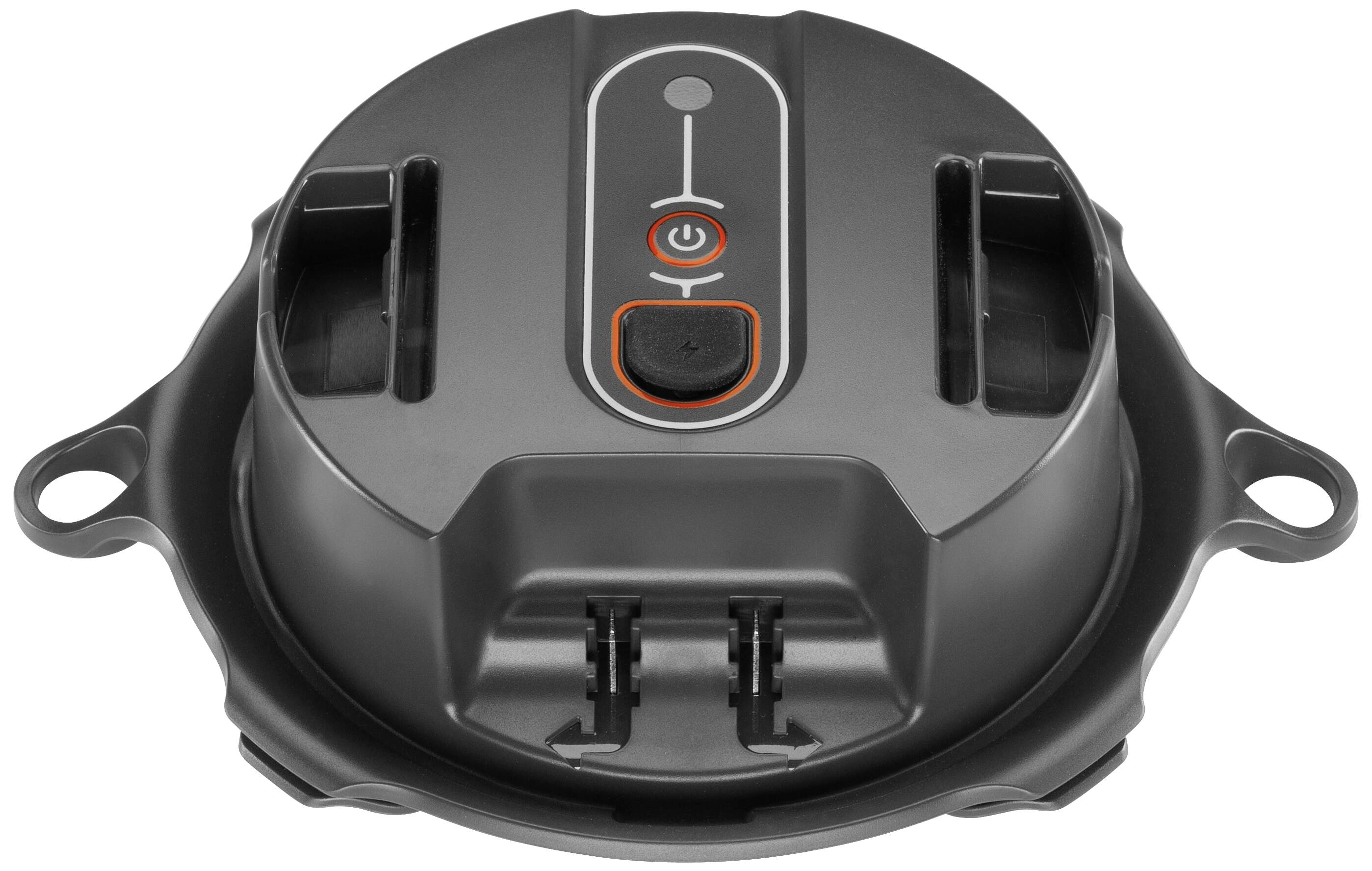 Rundes elektronisches Gerät mit einem Ein- und Ausschaltknopf in der Mitte. Zwei seitliche Öffnungen und ein schwarzes Gehäuse.