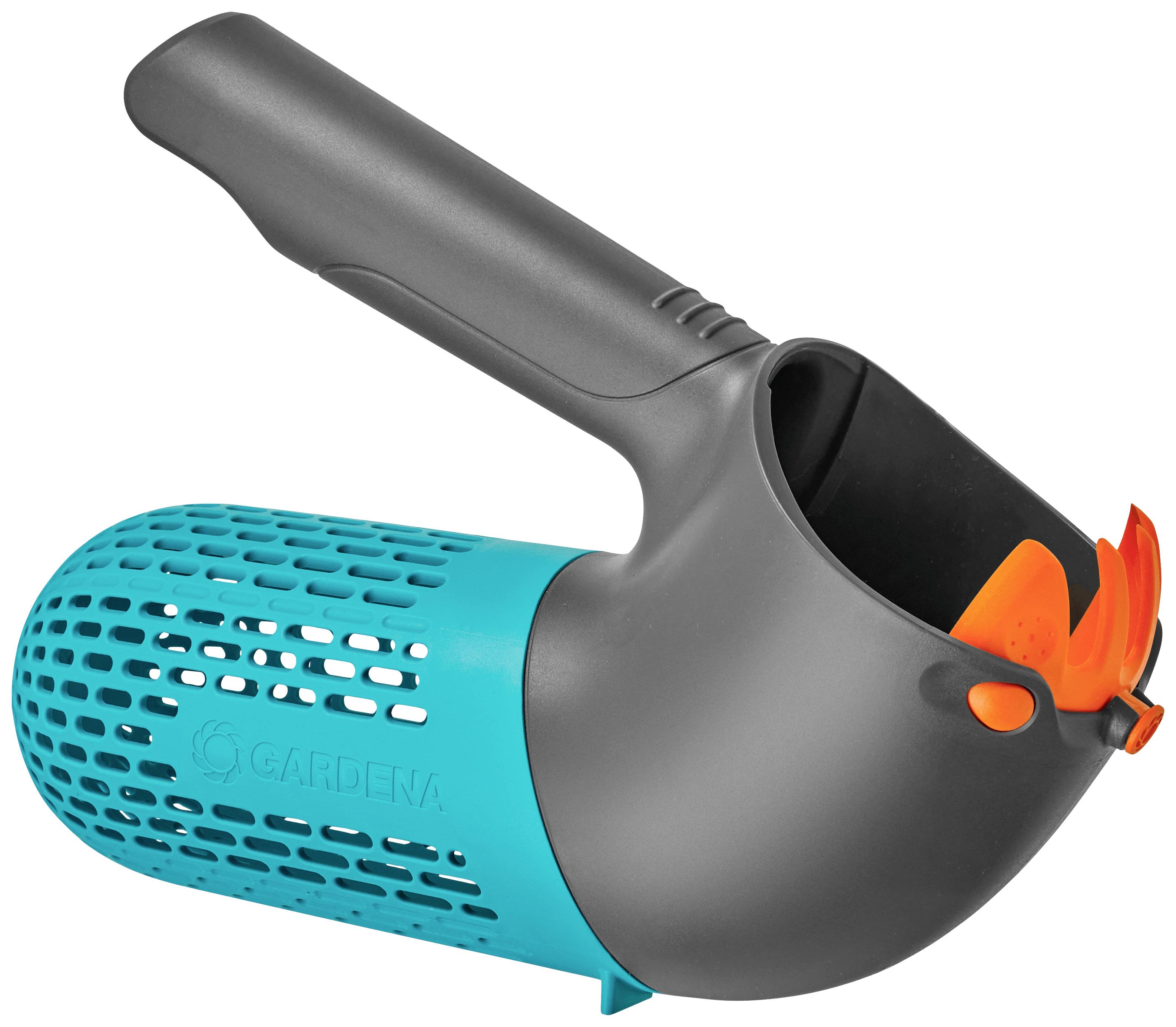 Handschaufel mit integriertem Sieb und ergonomischem Griff, hauptsächlich in Grau und Türkis gehalten, geeignet für Gartenarbeit.